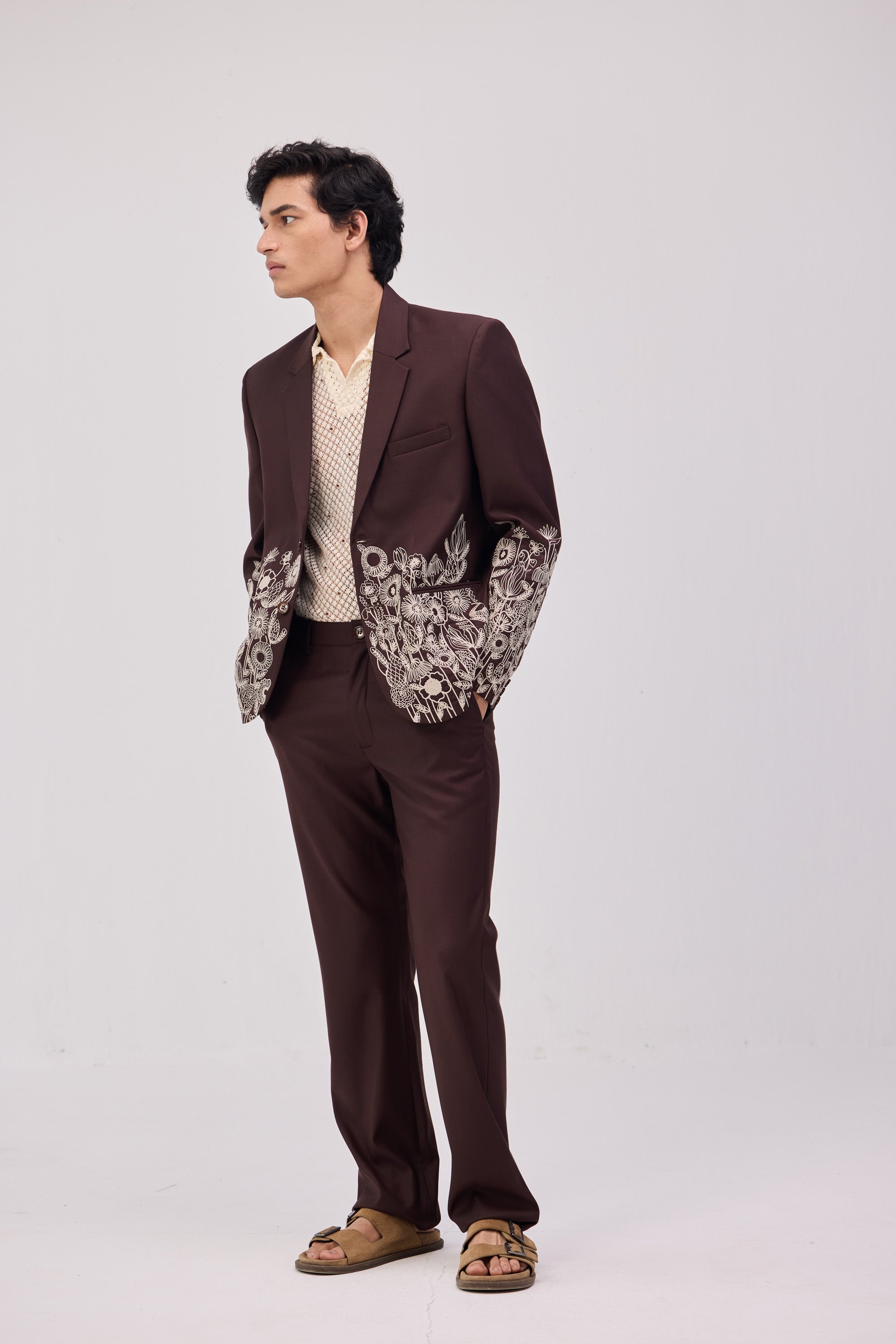 Floral embroidered blazer-Chocolate brown