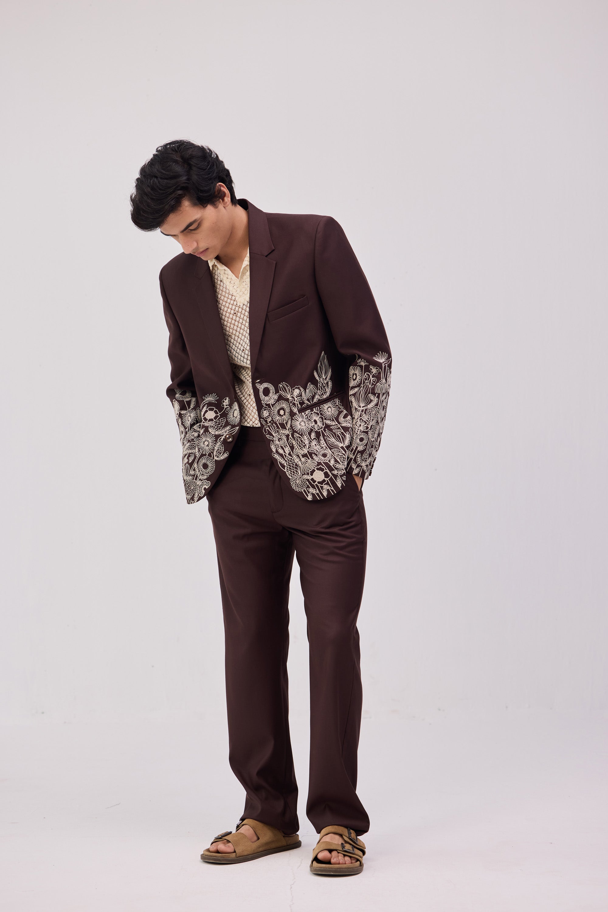 Floral embroidered blazer-Chocolate brown