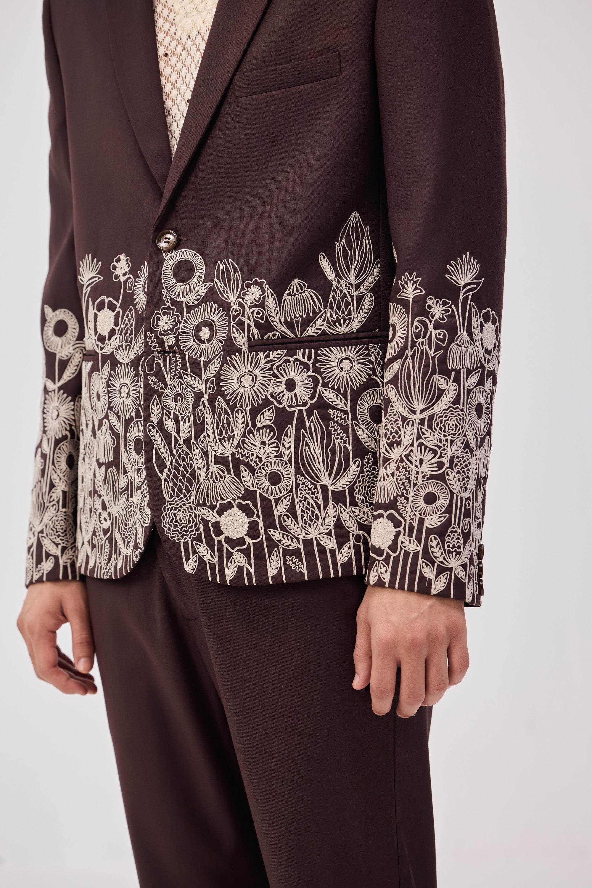 Floral embroidered blazer-Chocolate brown