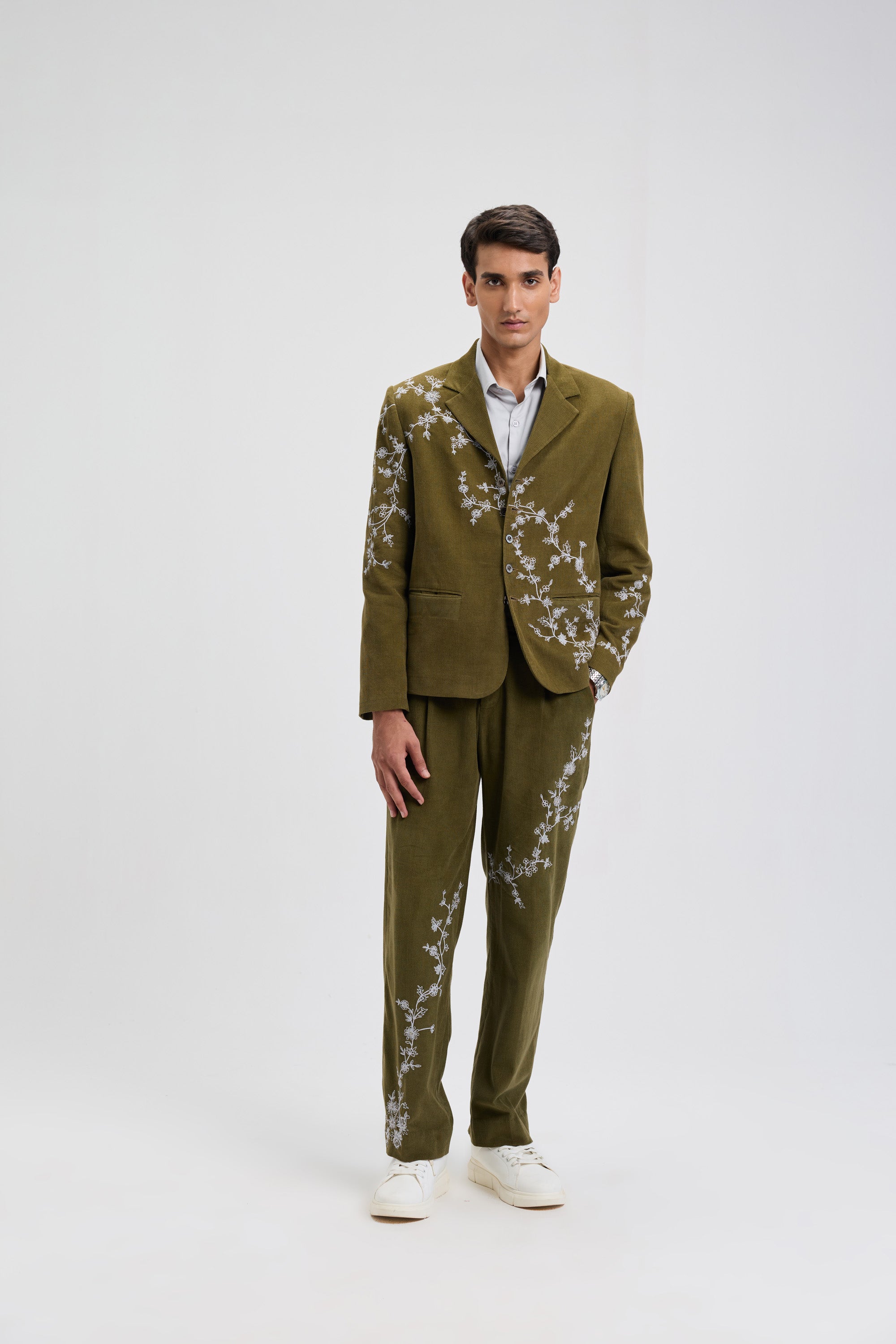 Verdant Vine Embroidered Corduroy Blazer