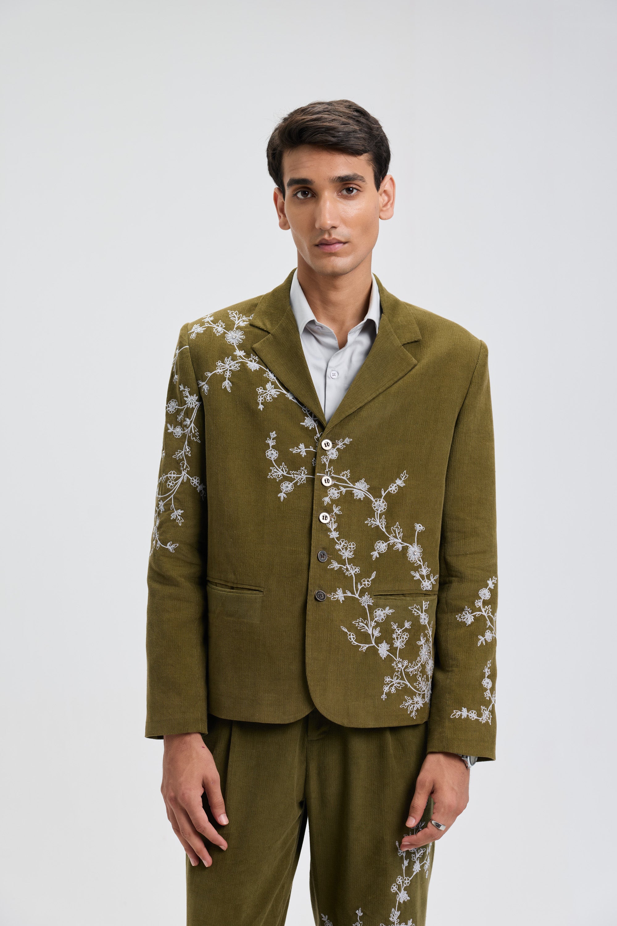 Verdant Vine Embroidered Corduroy Blazer