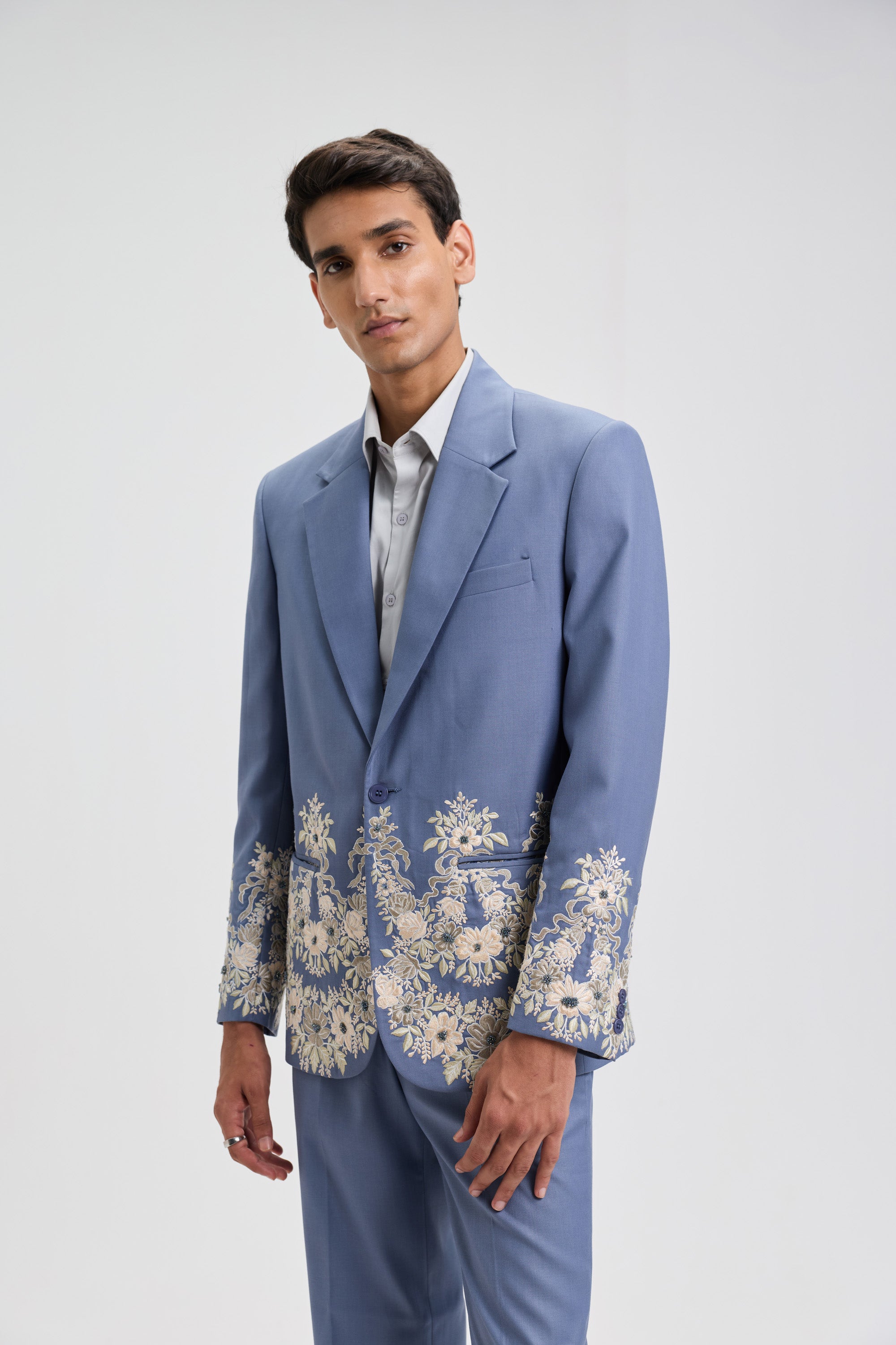 "Azure Bloom" Hand Embroidered Blazer