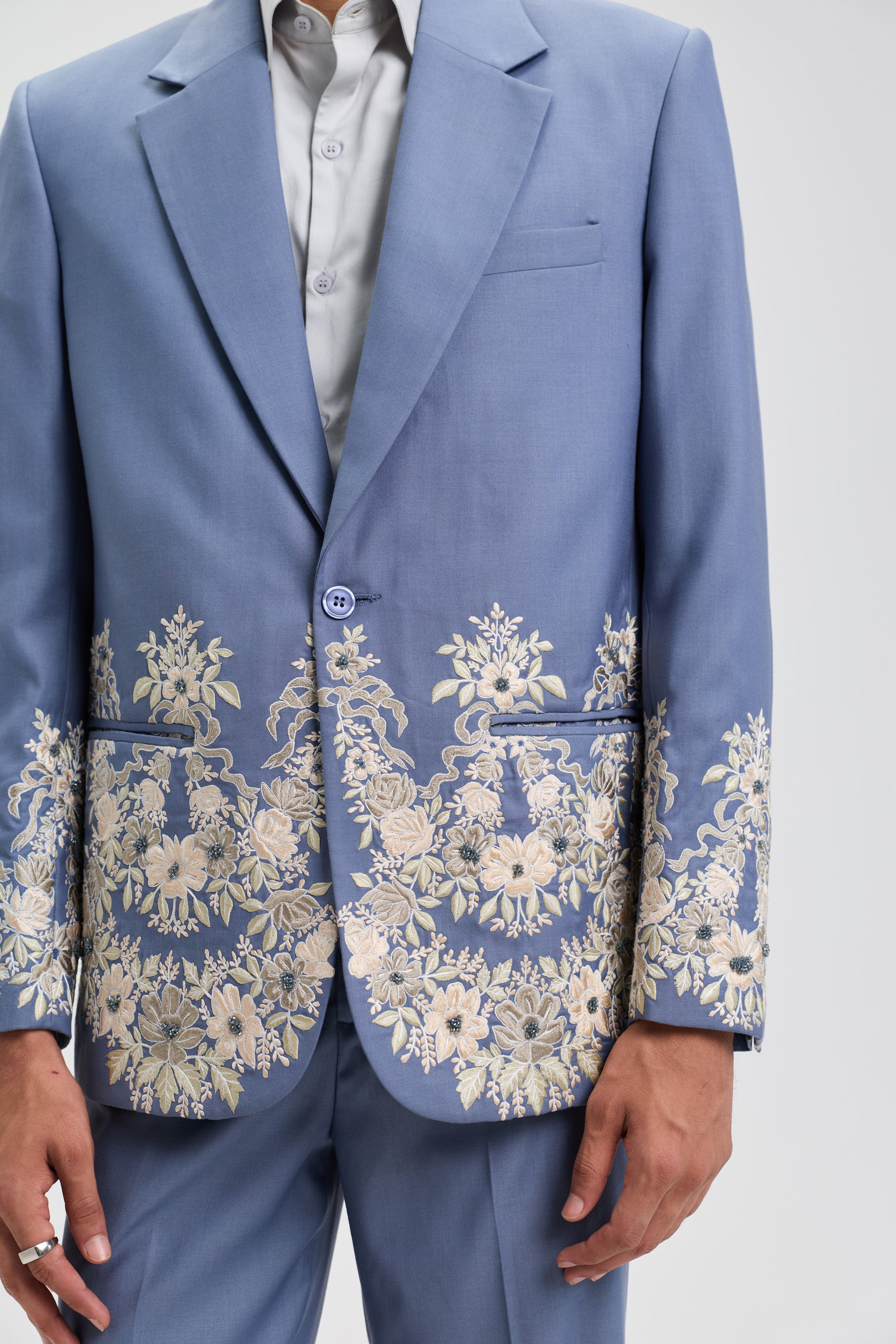 "Azure Bloom" Hand Embroidered Blazer