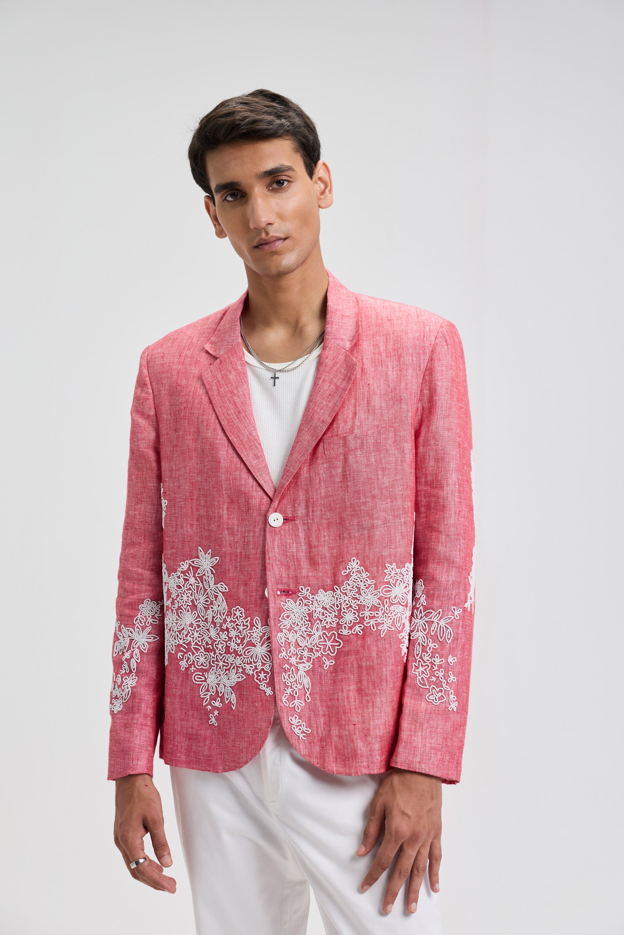 Hand embroidered floral beaded linen blazer