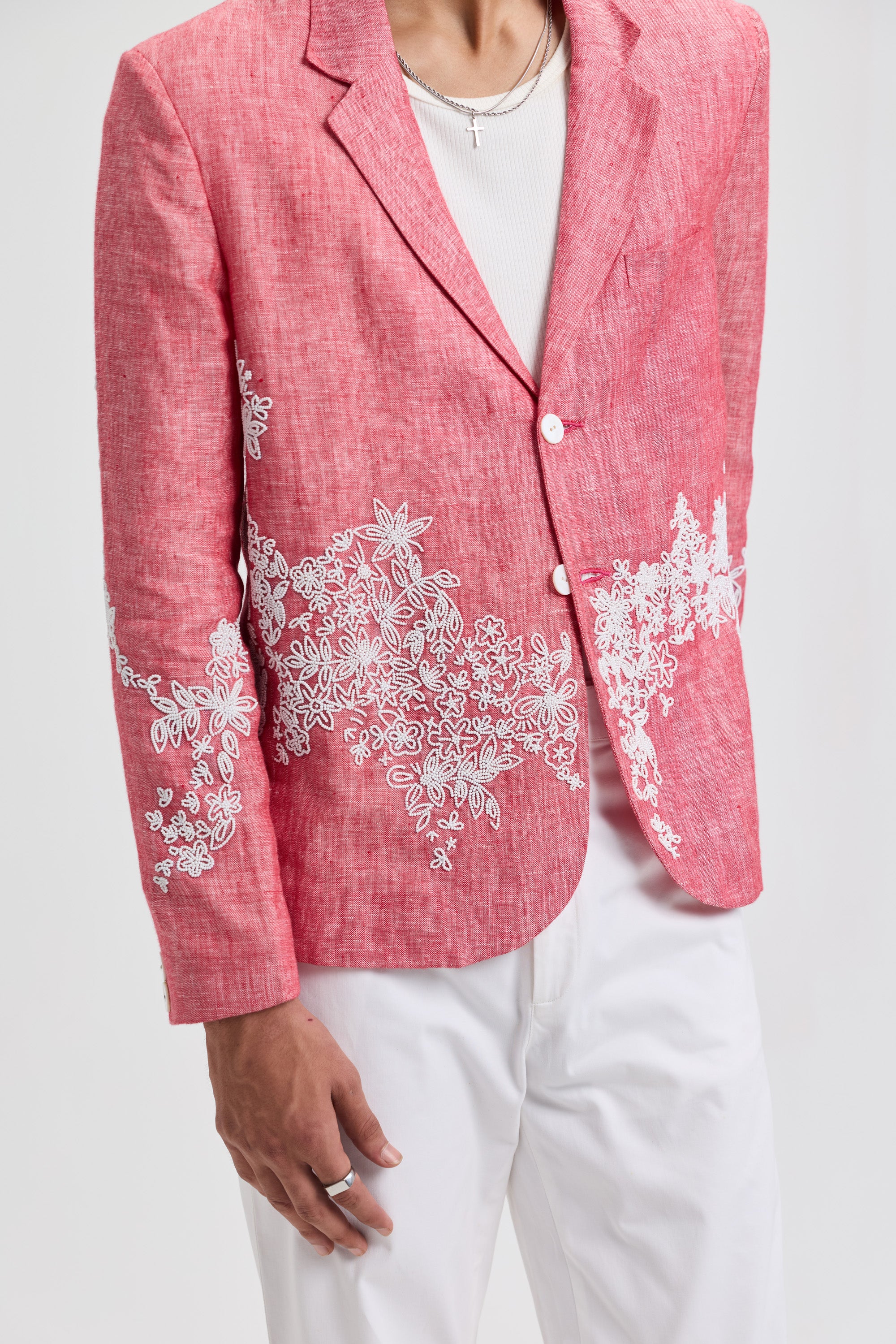 Hand embroidered floral beaded linen blazer