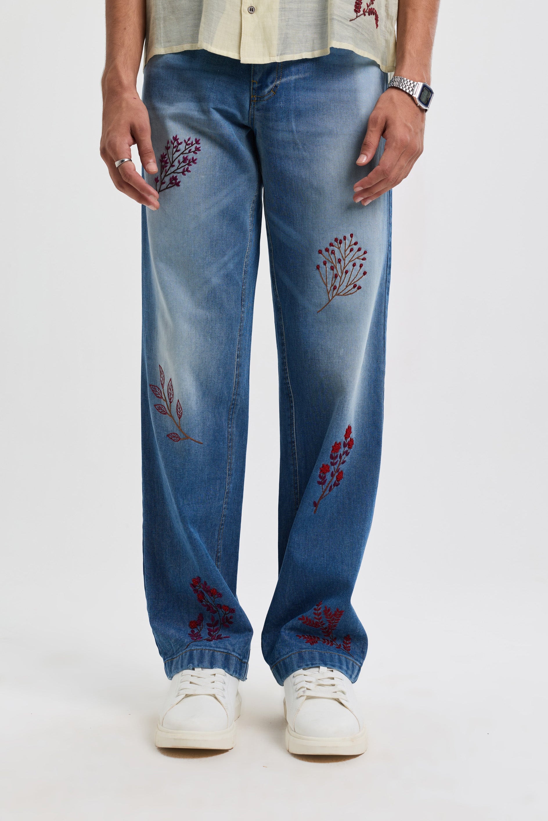 Tuscany floral hand embroidered straight fit jeans
