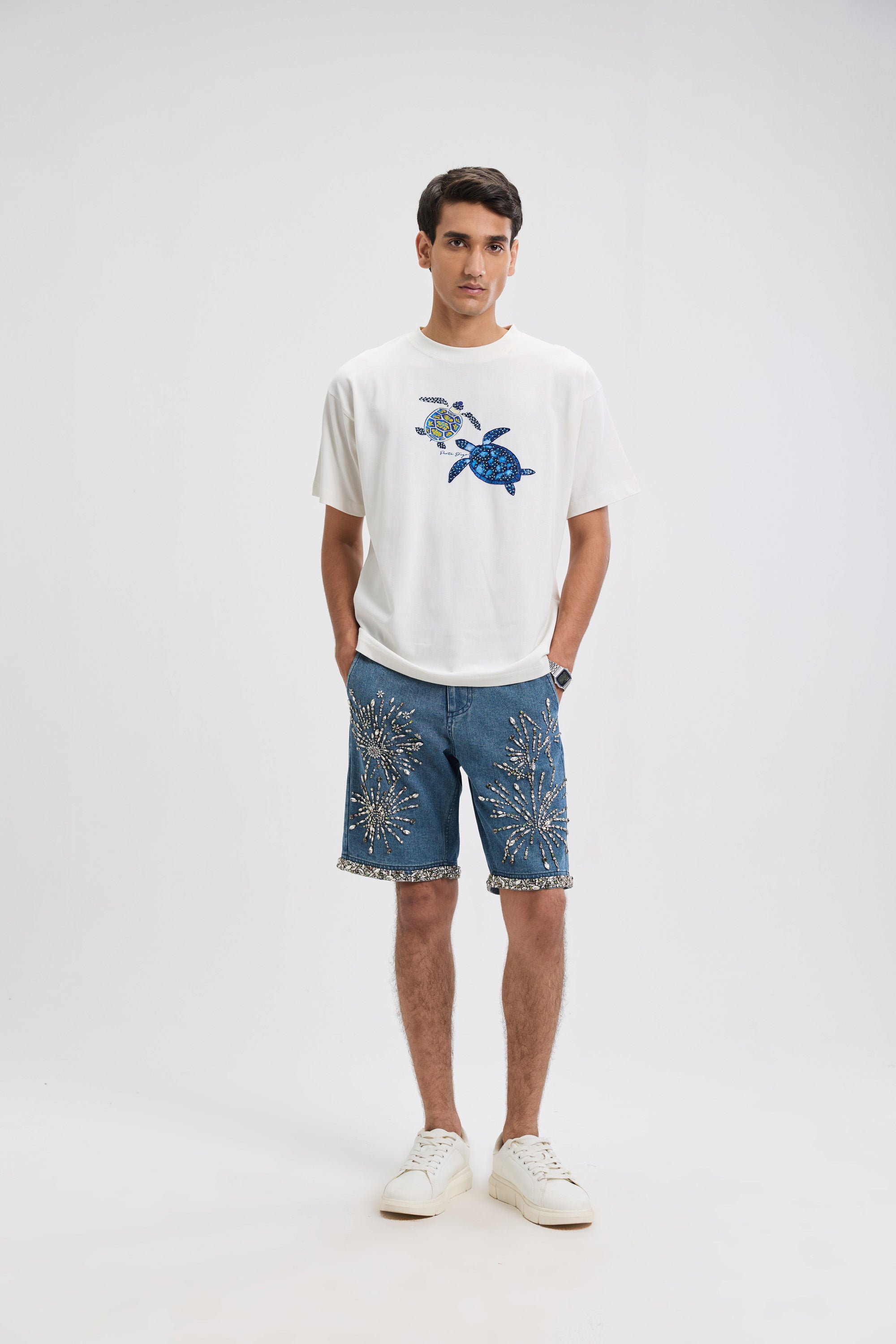 Celebration embroidered denim shorts