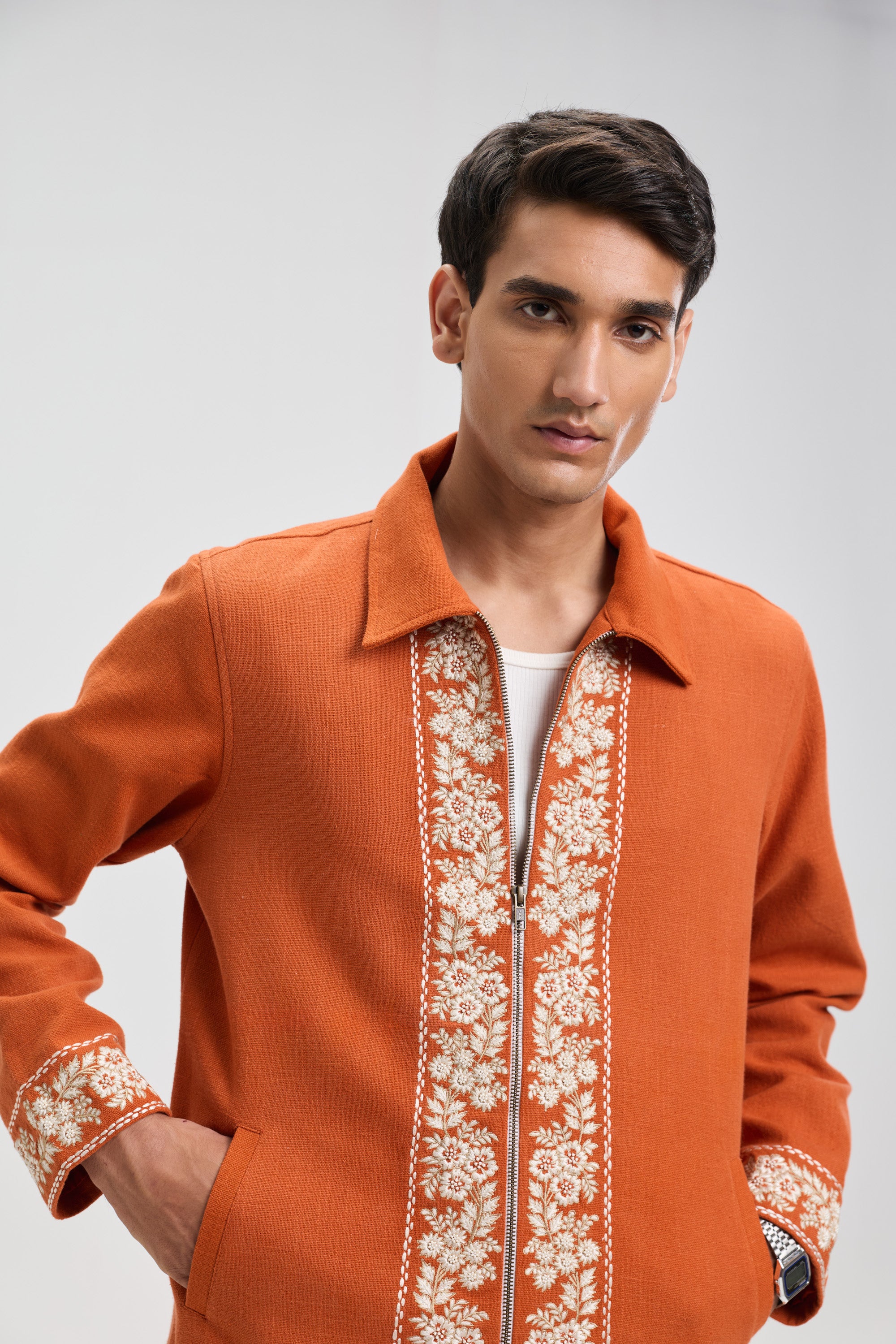 Vintage embroidered zip up jacket- Rust orange