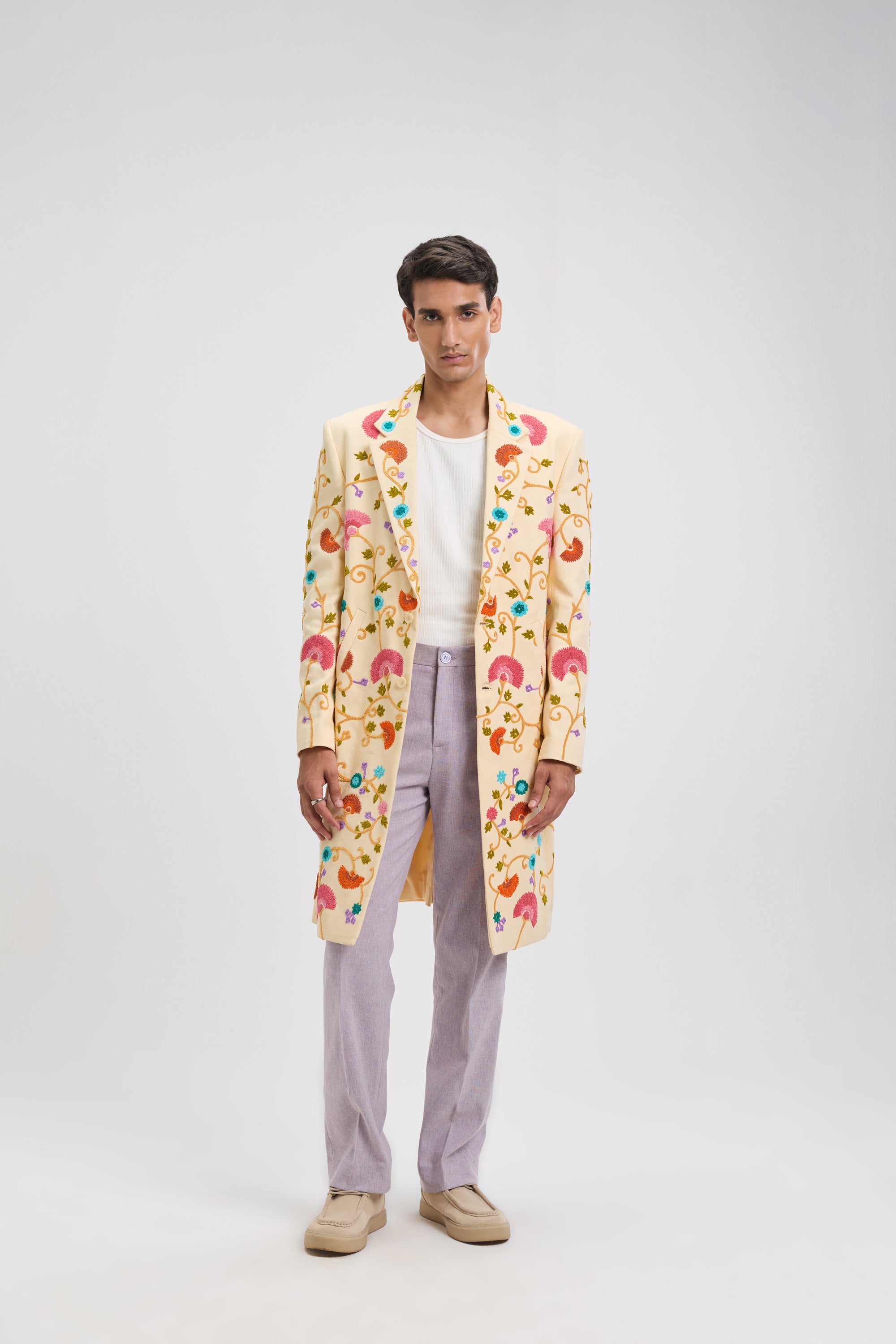 Fuzzy embroidered overcoat