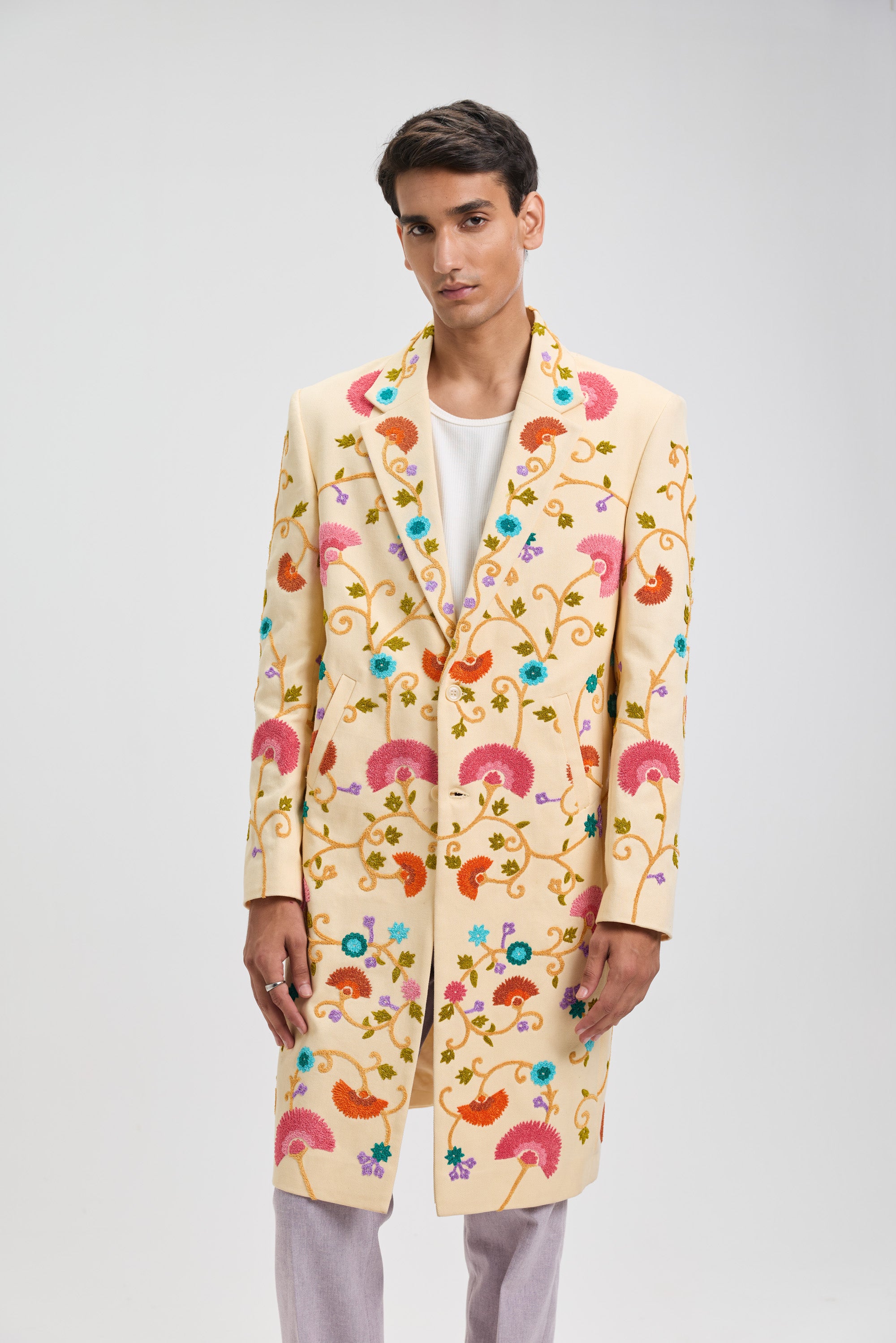 Fuzzy embroidered overcoat