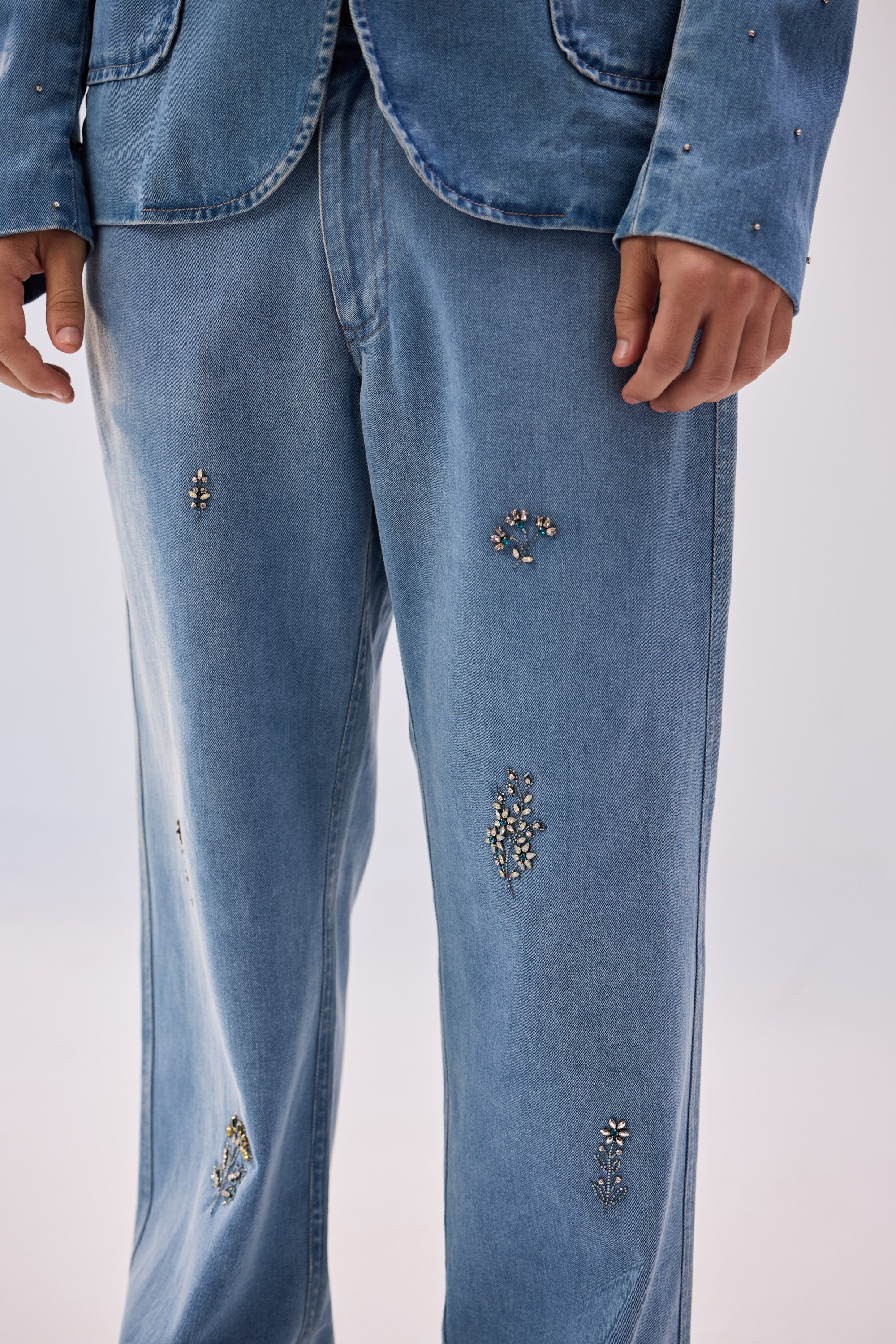 Hand embellished straight fit denim pants