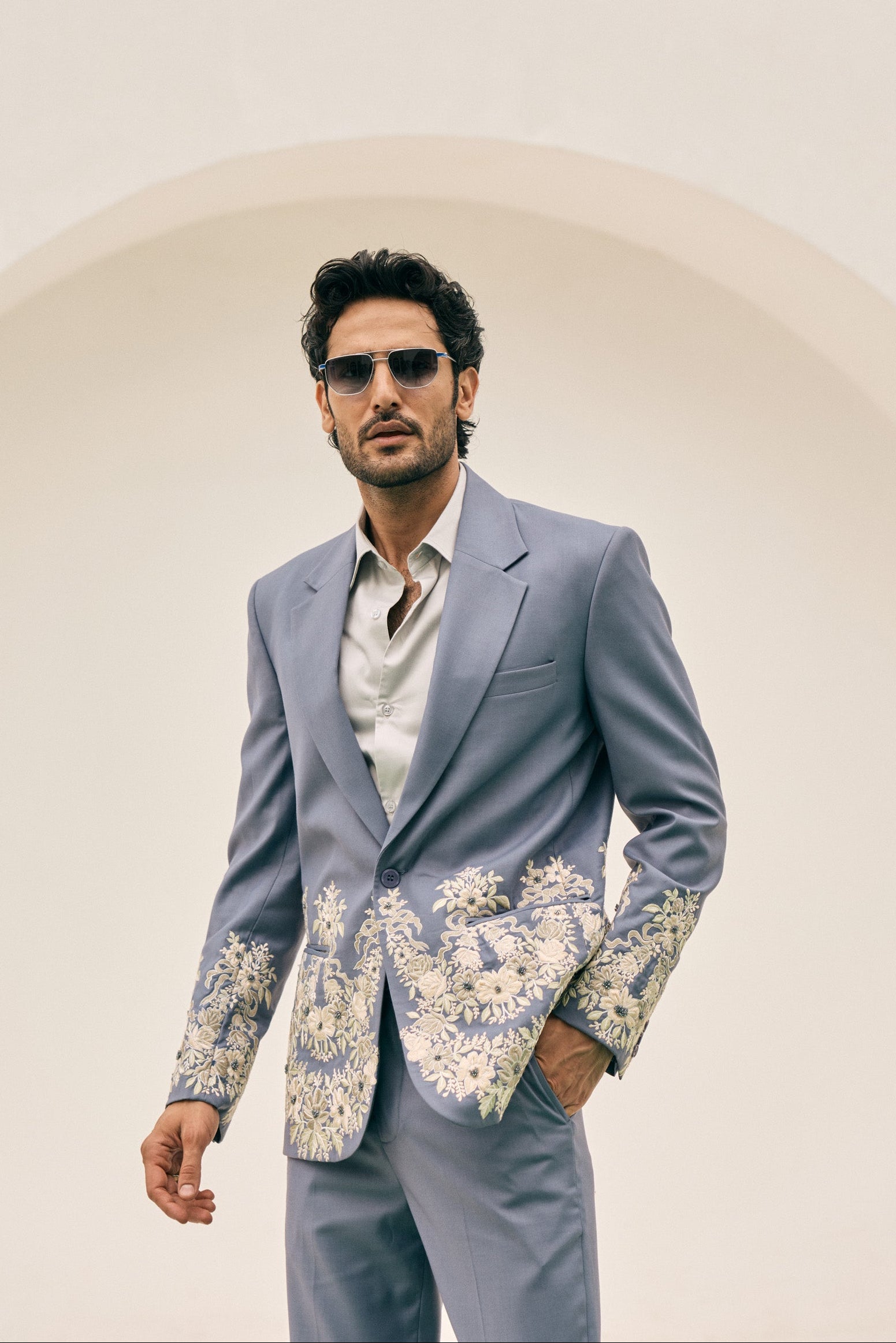 "Azure Bloom" Hand Embroidered Blazer