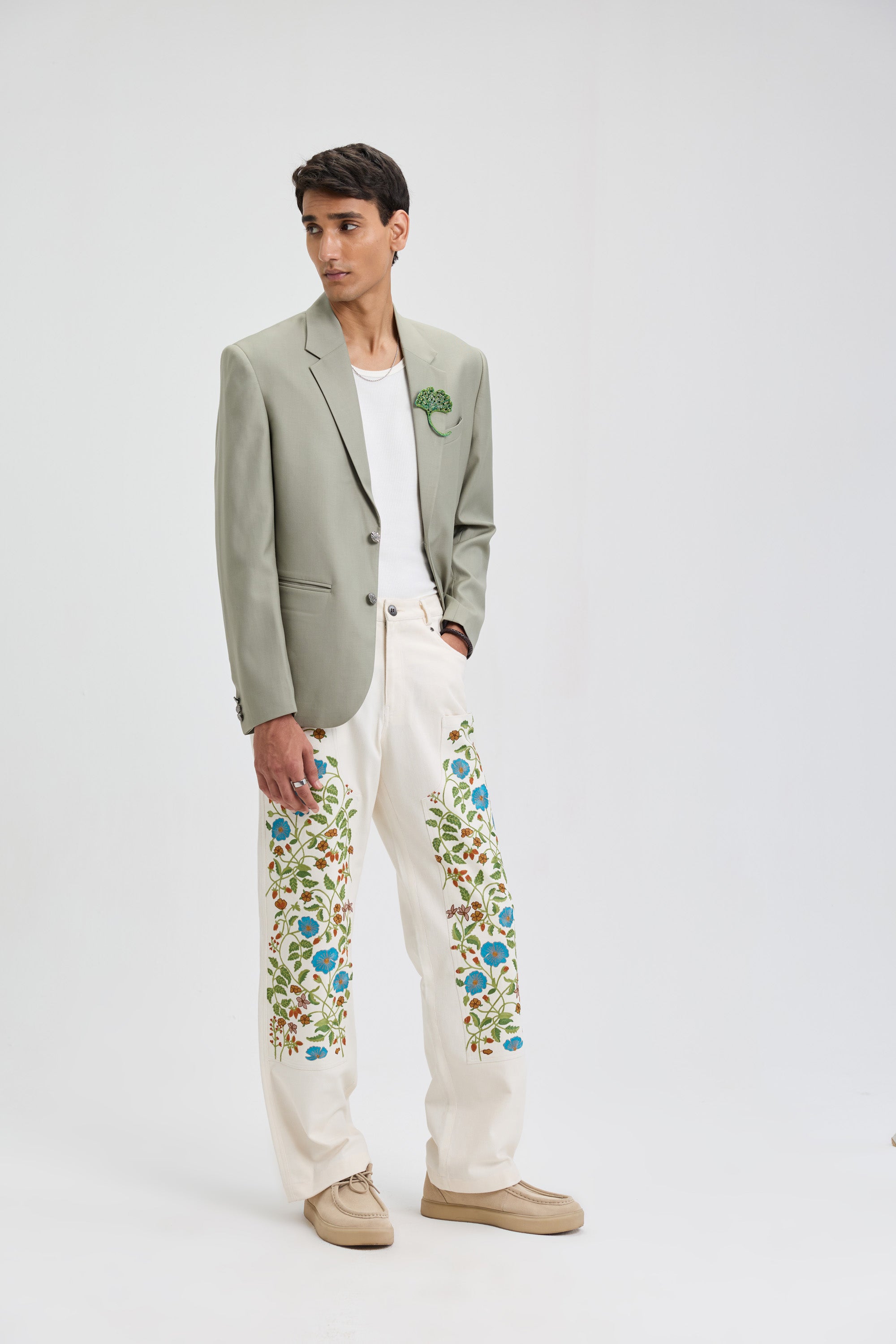Floral embroidered carpenter pants