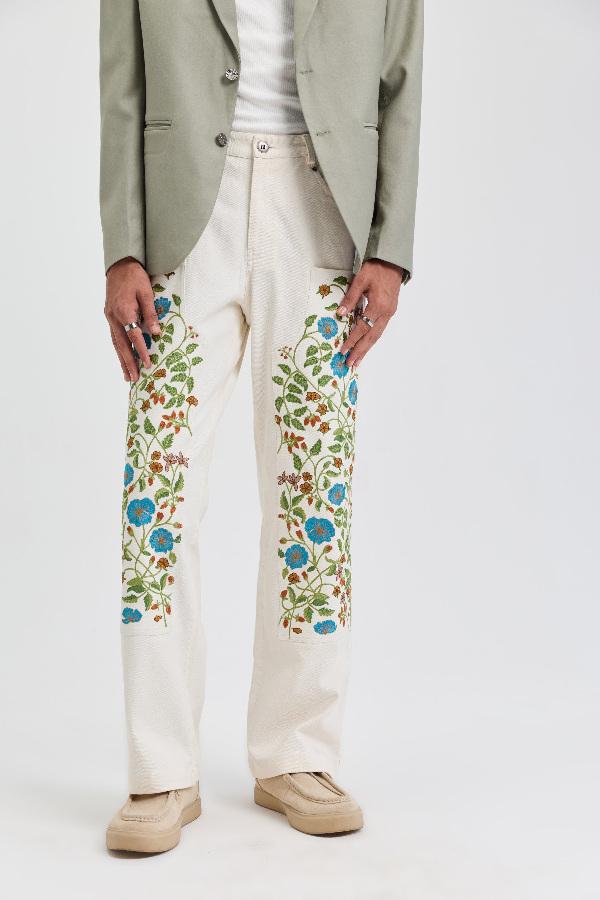 Floral embroidered carpenter pants