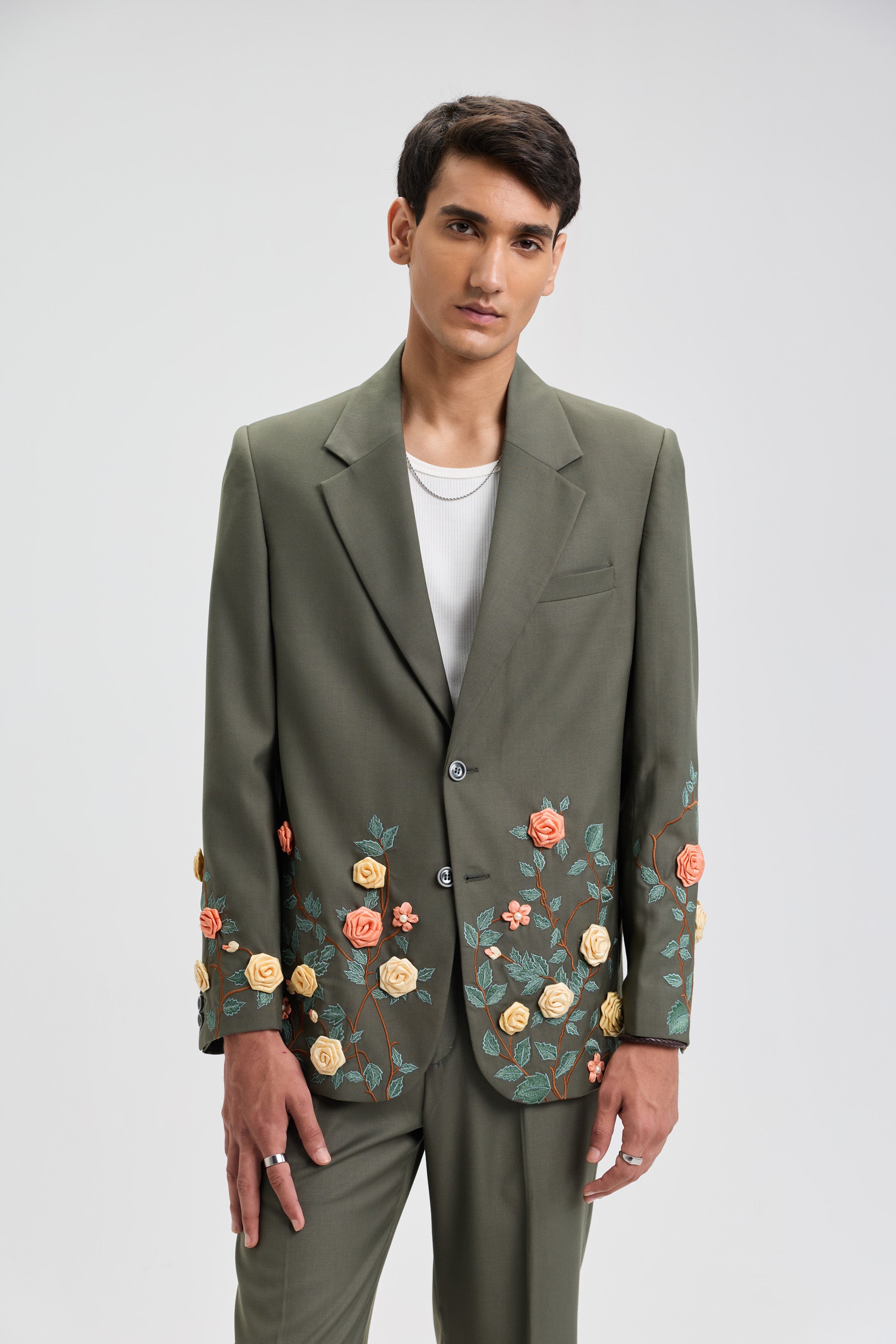 "Verdant Bloom" hand embroidered Blazer