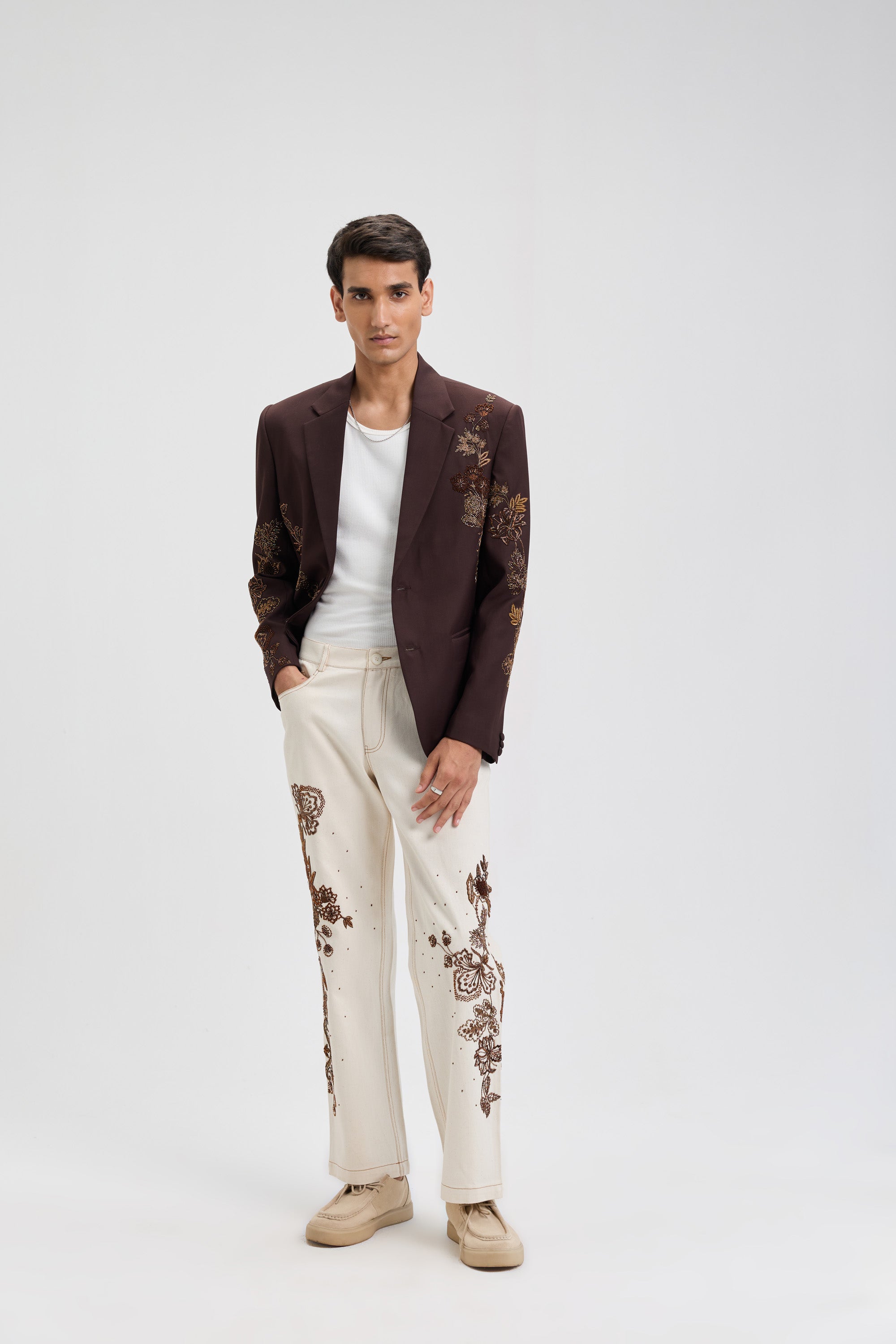 Ecru embroidered denim pants