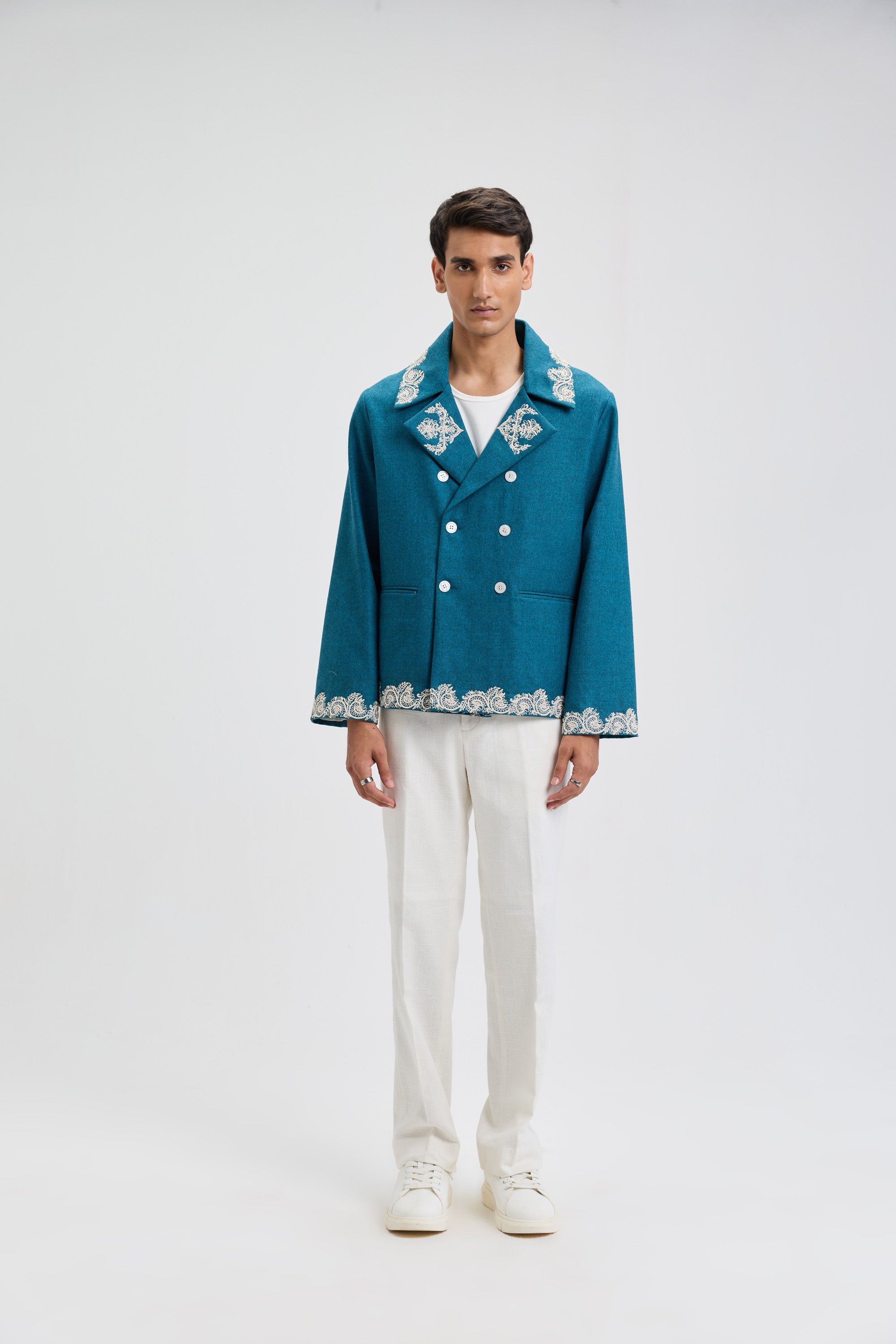 Beadwork merino wool peacoat