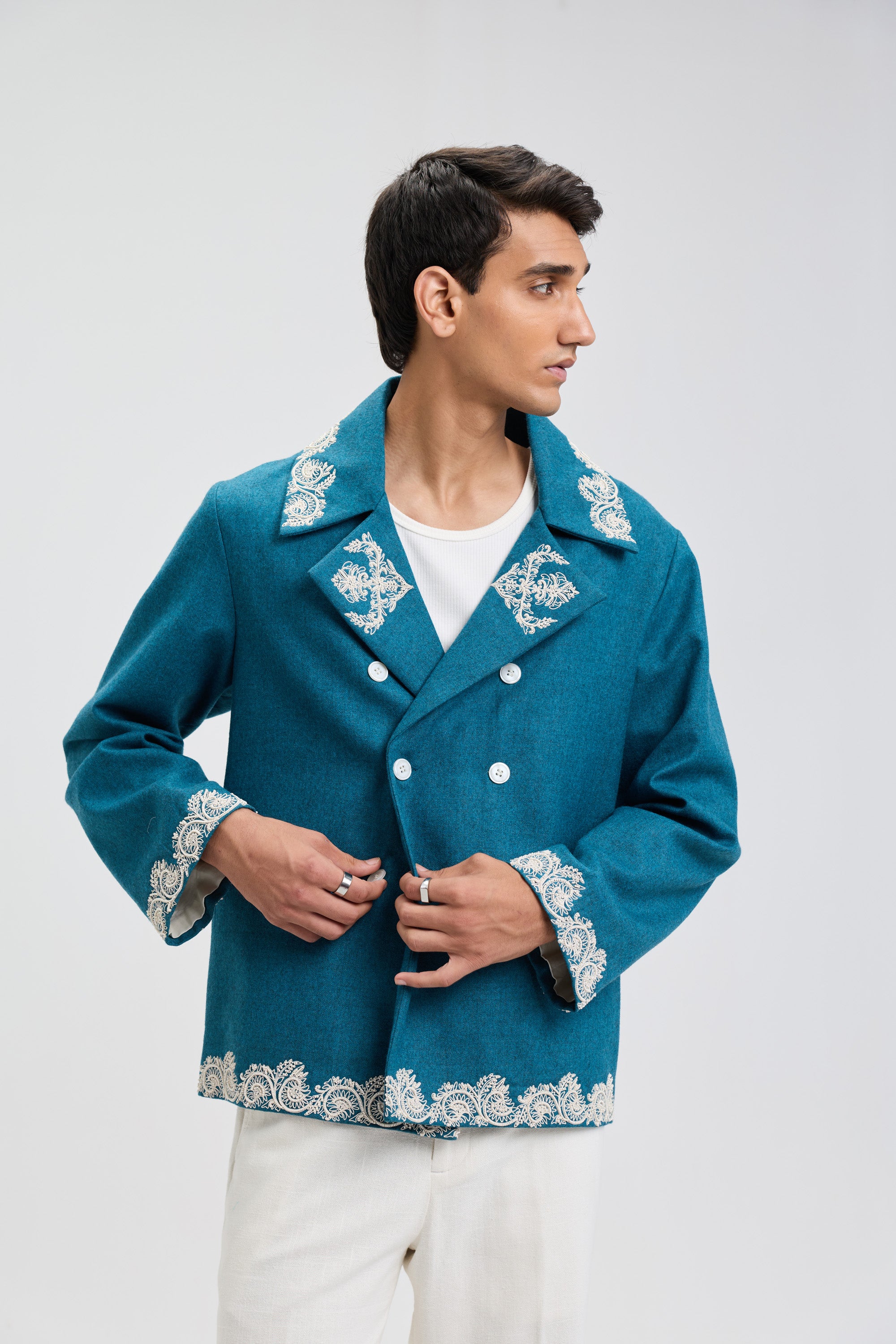 Beadwork merino wool peacoat