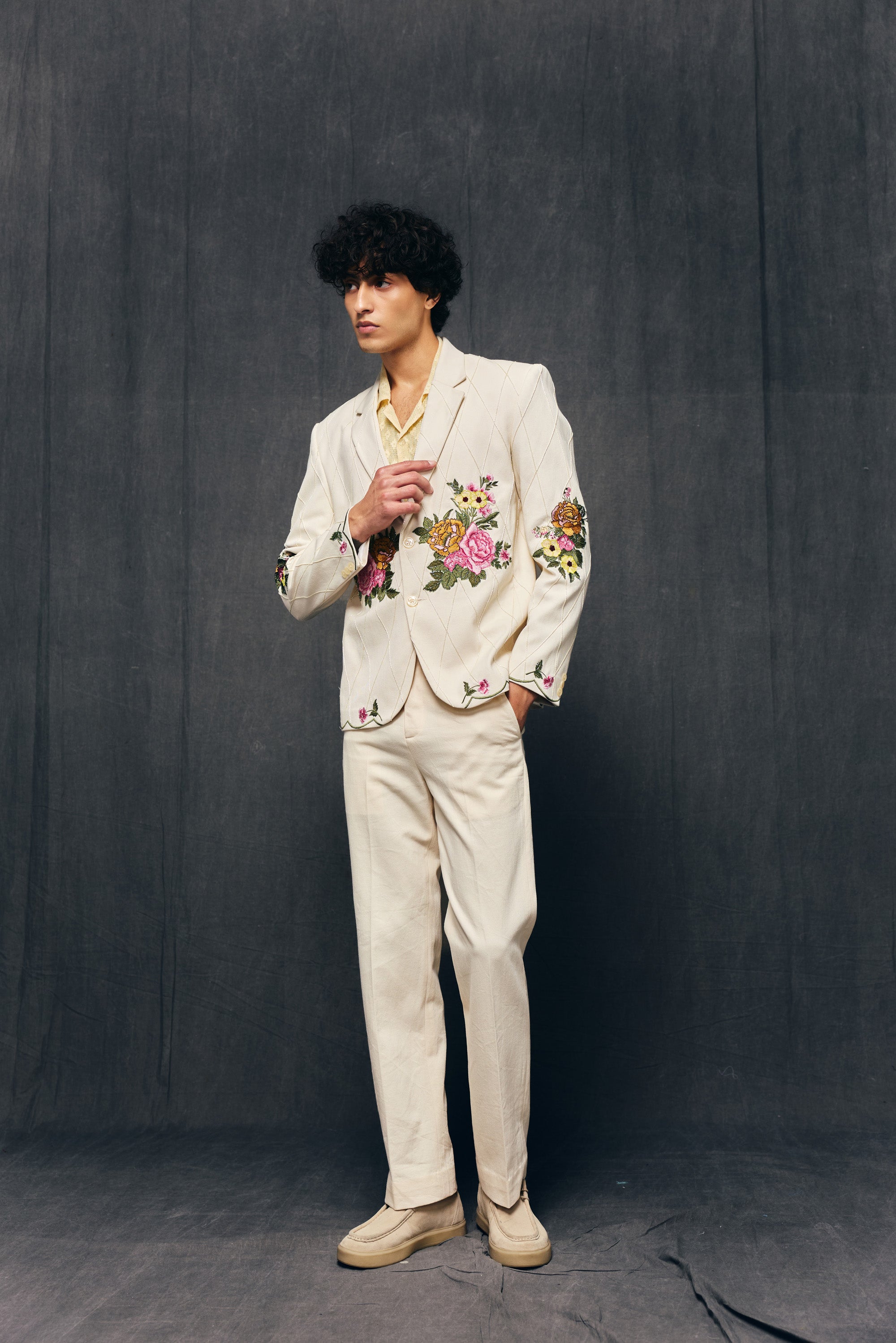 "Ivory bloom" hand embroidered blazer