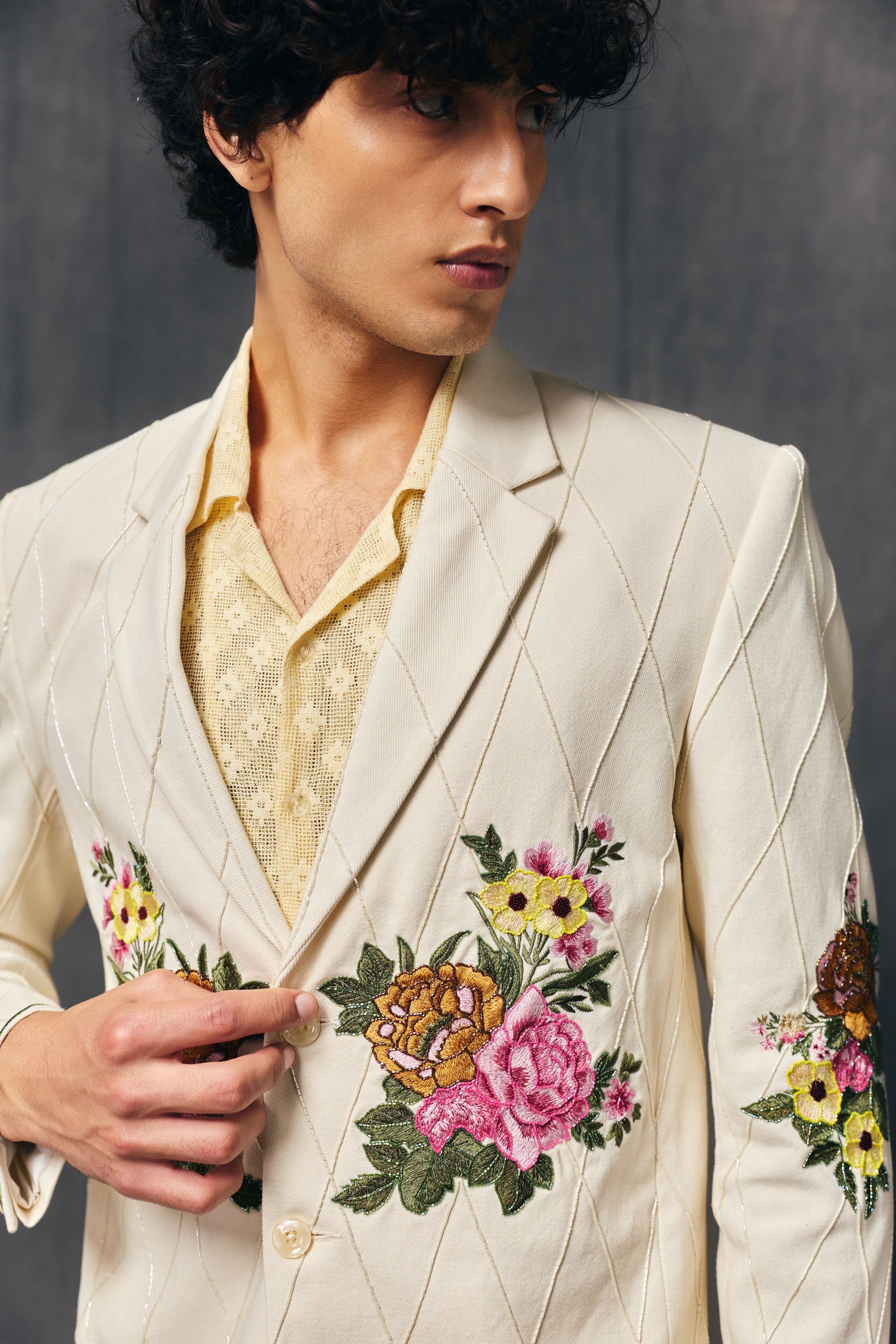 "Ivory bloom" hand embroidered blazer
