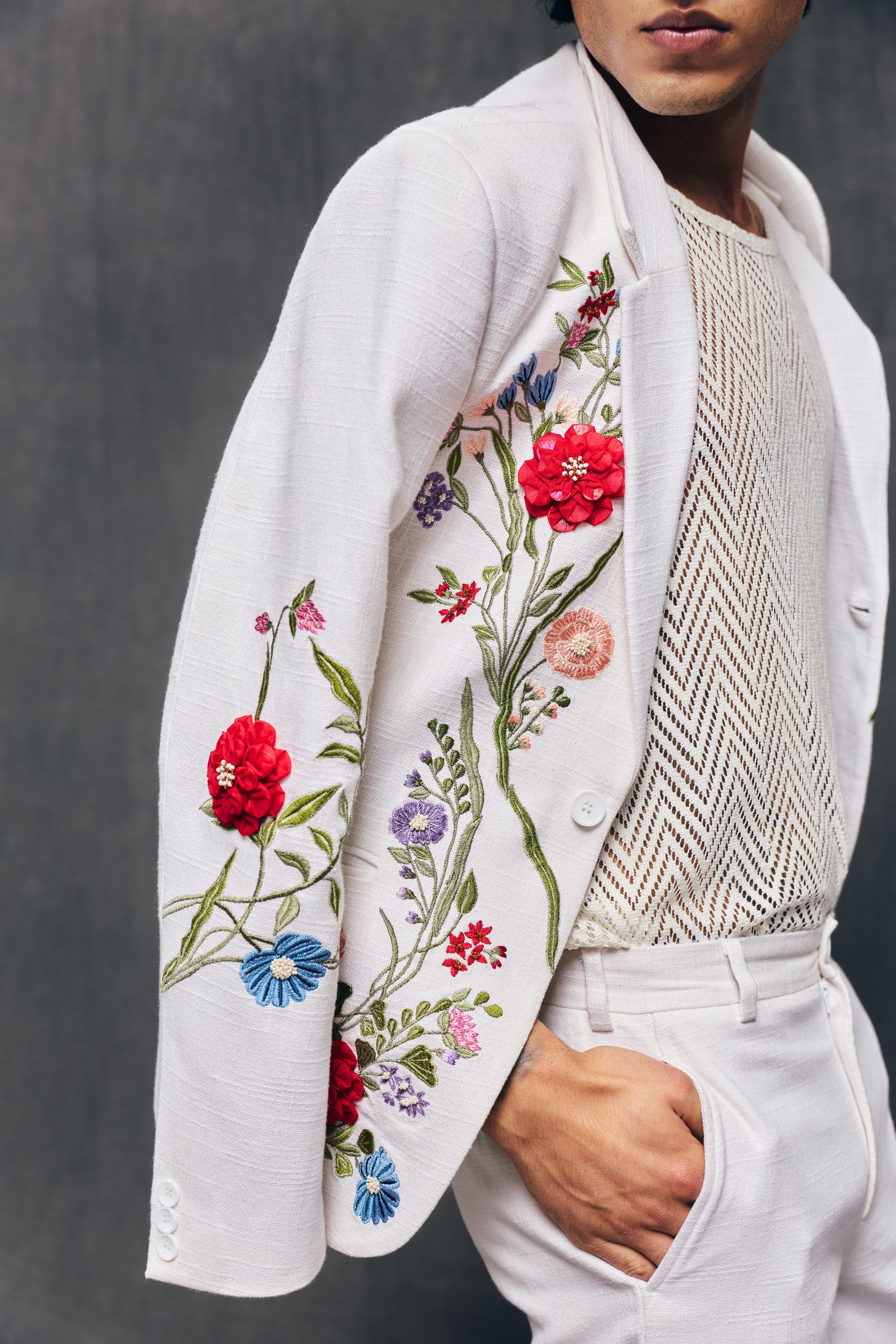 "Le Jardin" hand embroidered blazer-Ivory