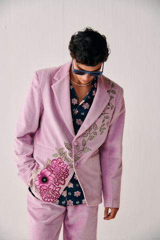 Vintage artwork embroidered blazer-Bubblegum Pink