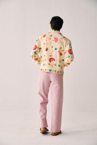 Fuzzy floral embroidered zip up jacket