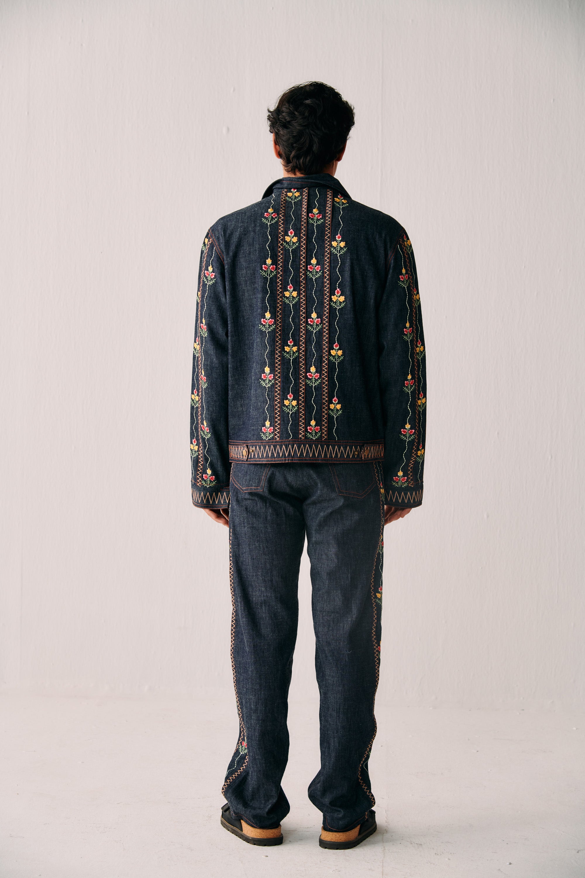 Floral embroidered racer denim jacket