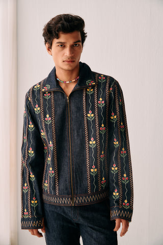 Floral embroidered racer denim jacket