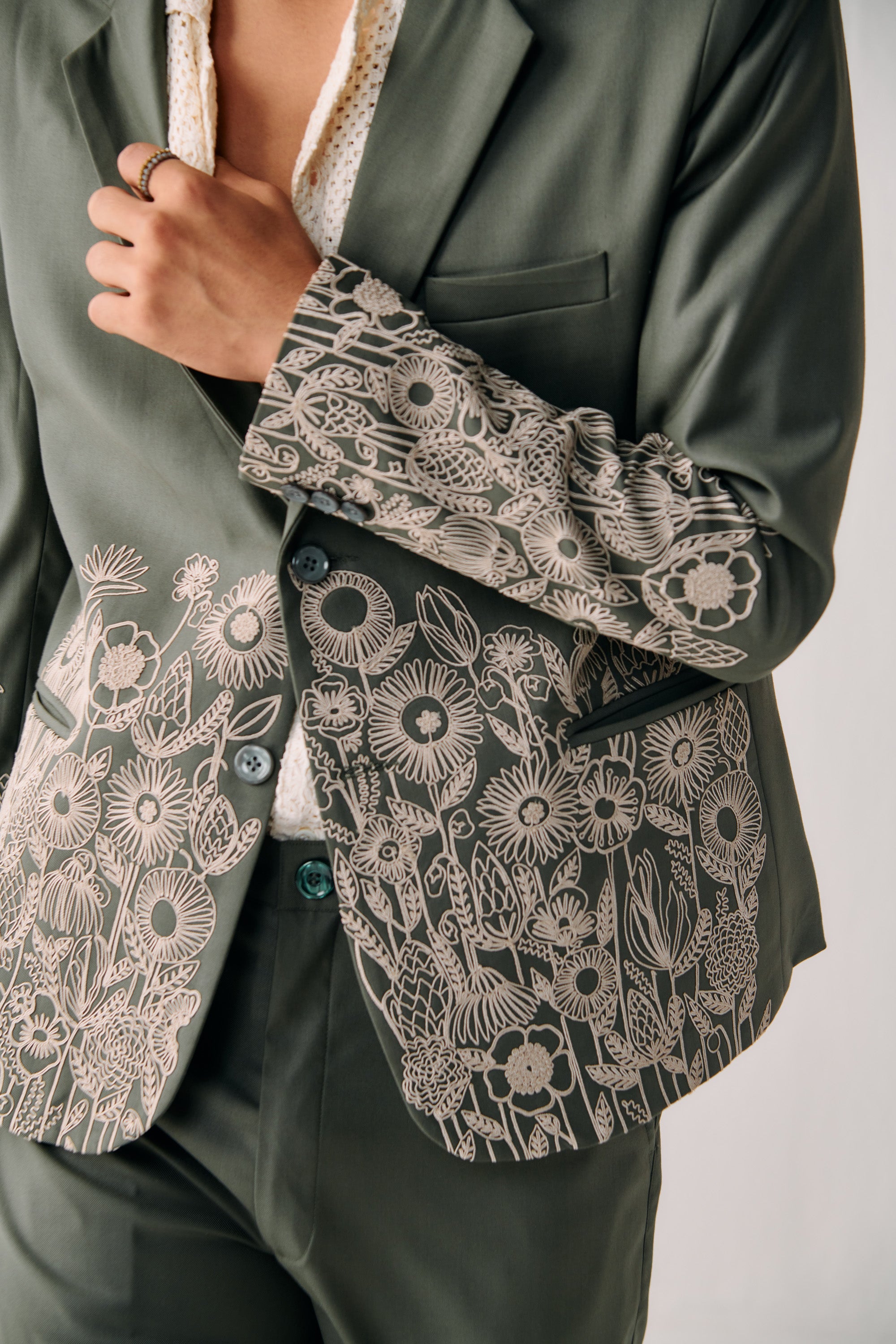 Floral embroidered blazer-Sage green