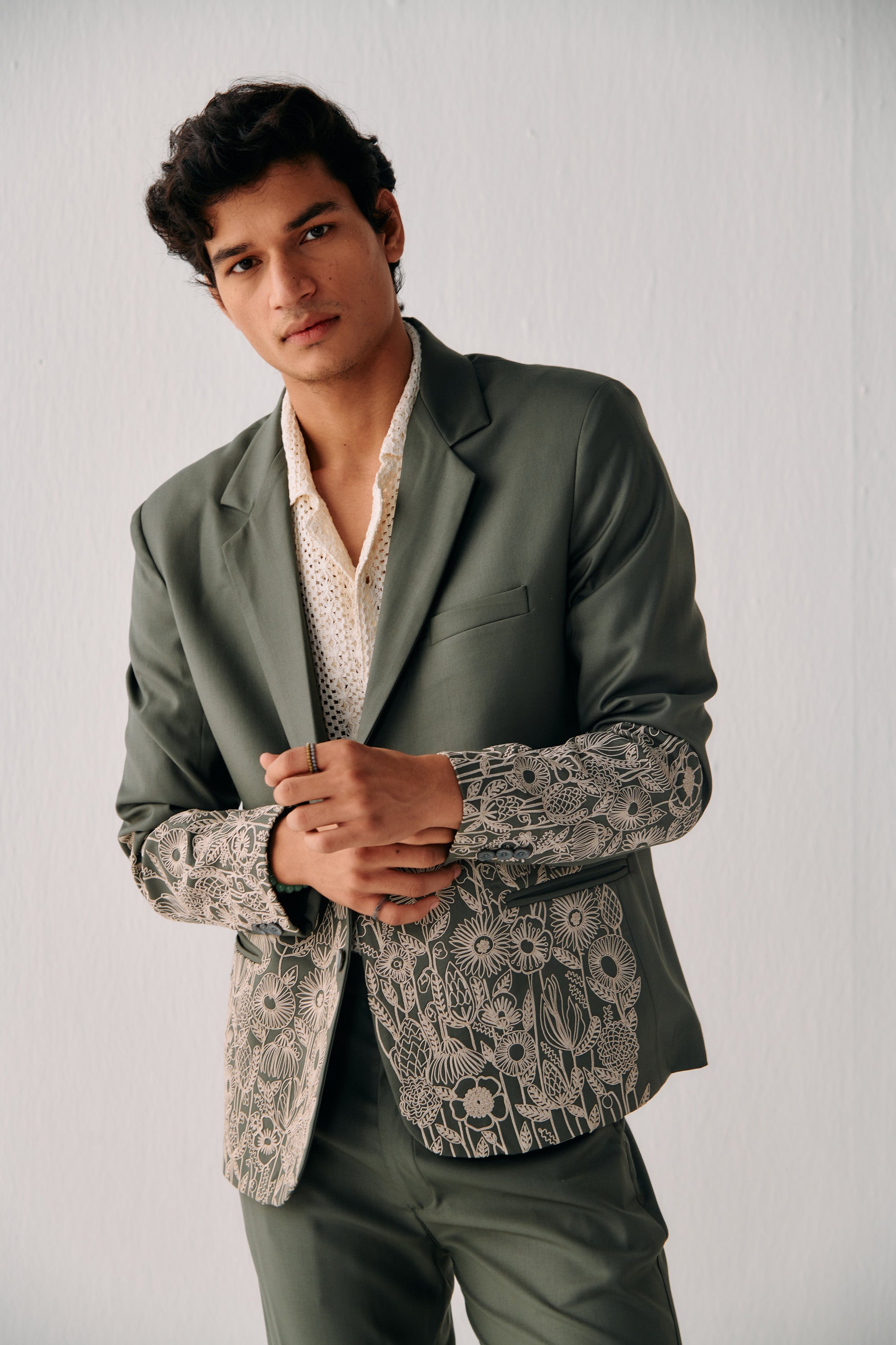 Floral embroidered blazer-Sage green