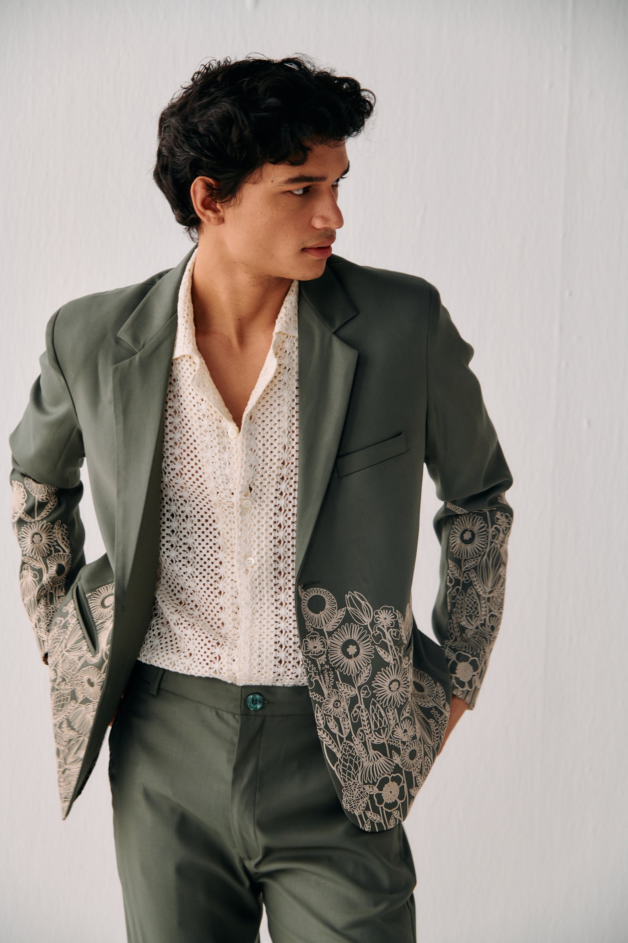 Floral embroidered blazer-Sage green