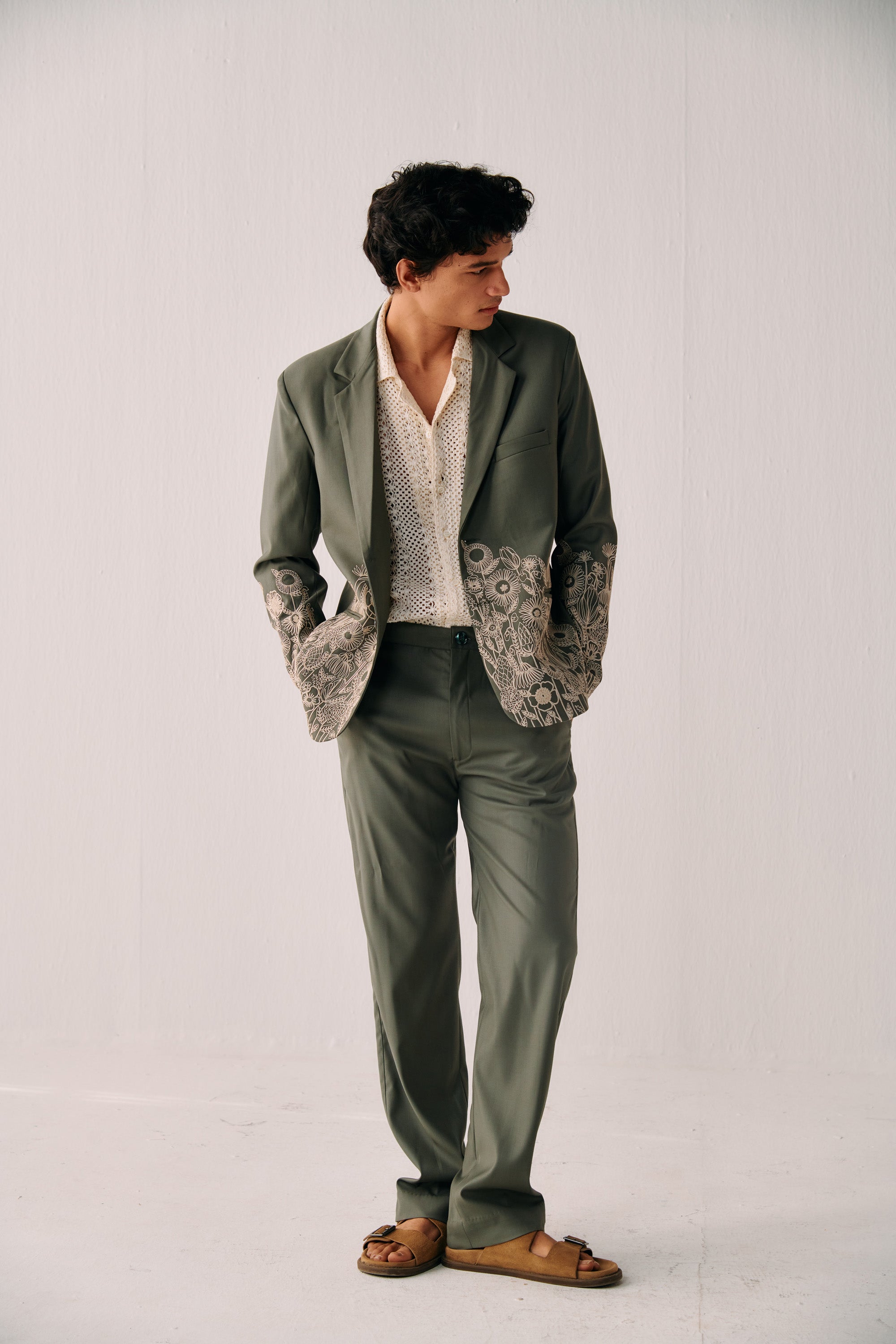 Floral embroidered blazer-Sage green