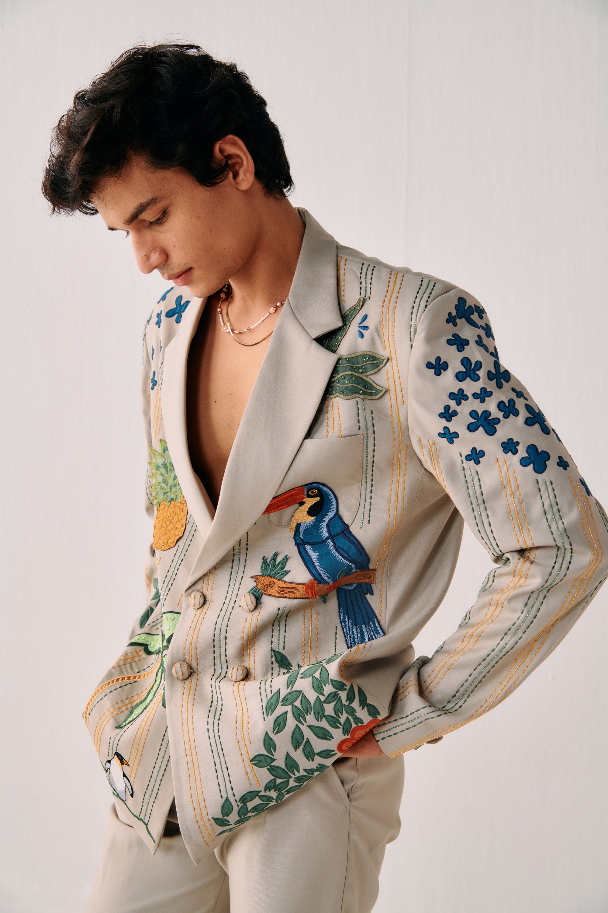 Tropical hand embroidered blazer