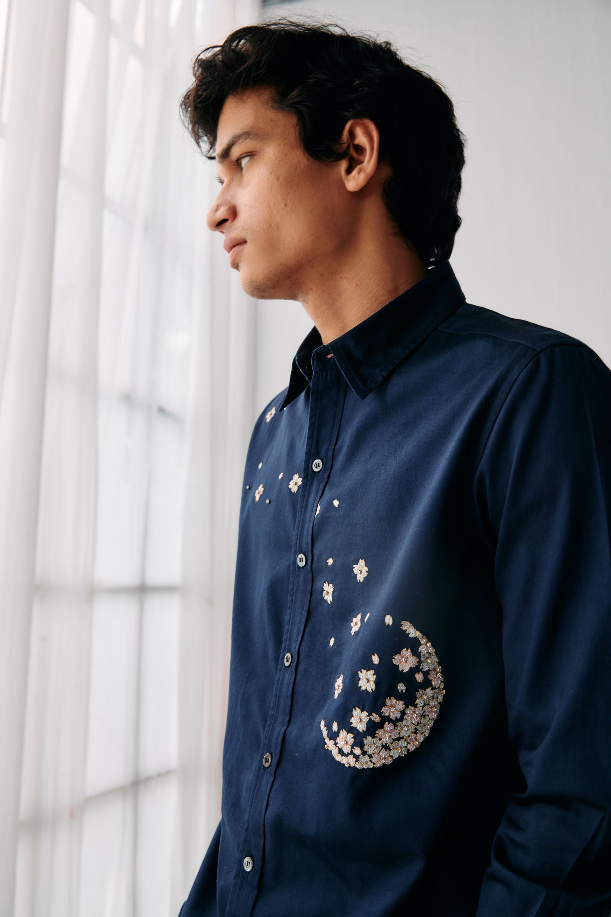 "Night sky" hand embroidered evening shirt