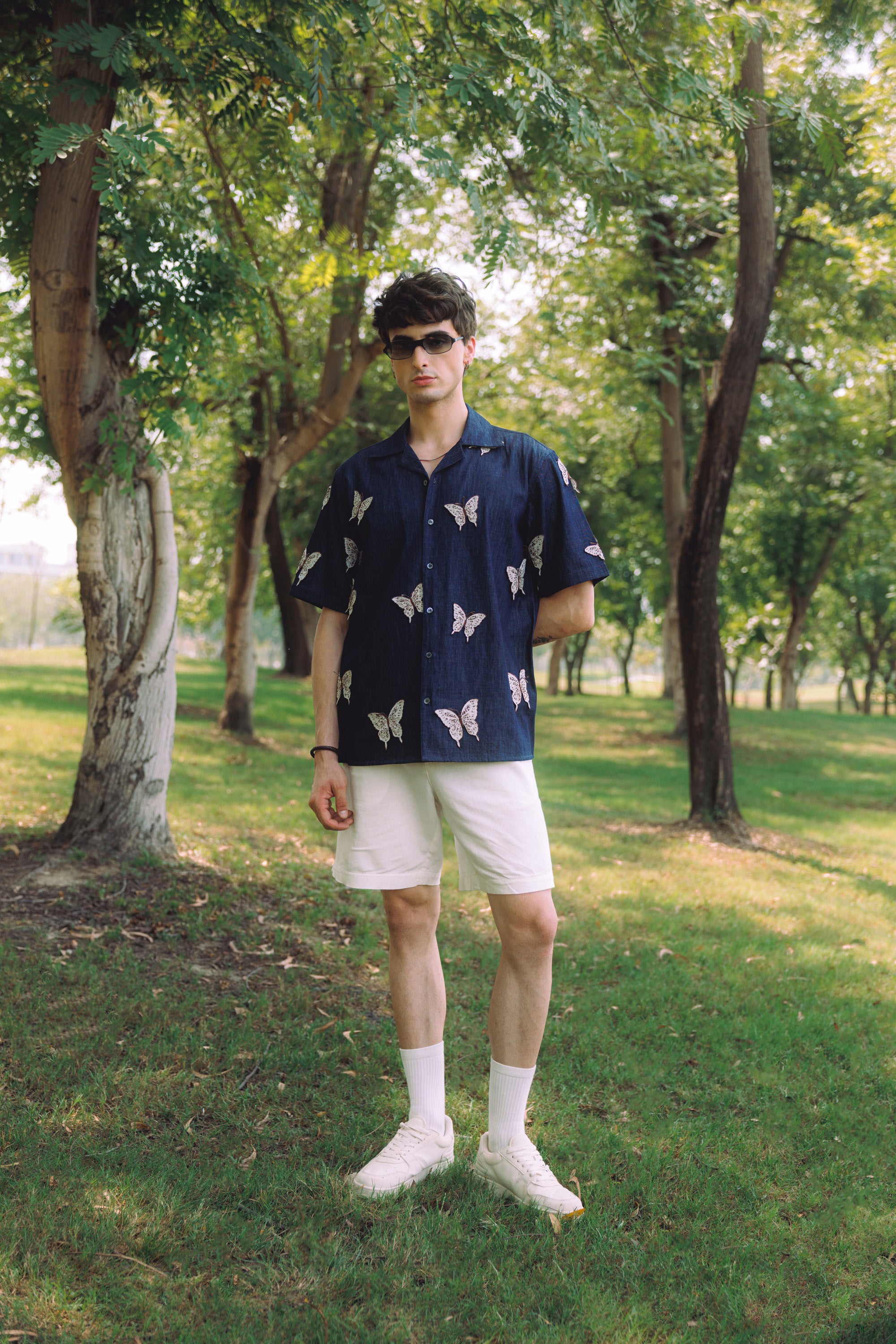 "Butterflies" hand embroidered denim shirt
