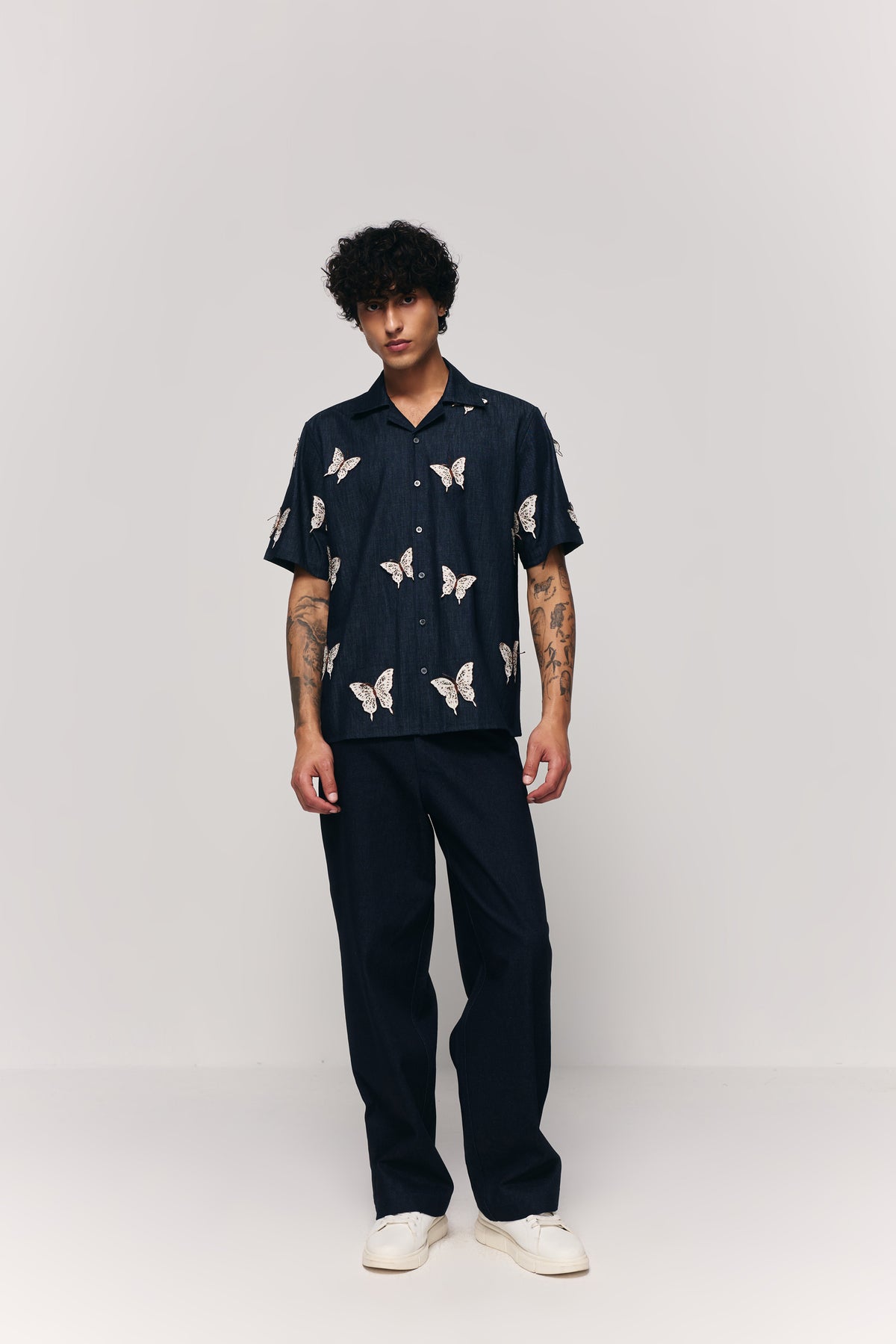"Butterflies" hand embroidered denim shirt