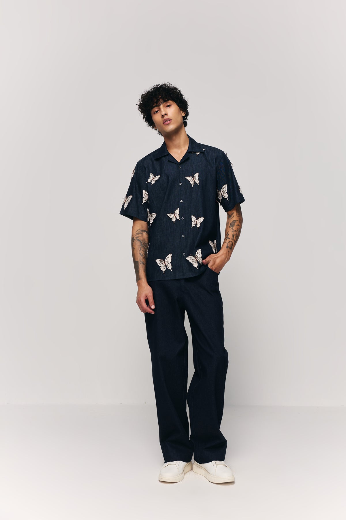 "Butterflies" hand embroidered denim shirt