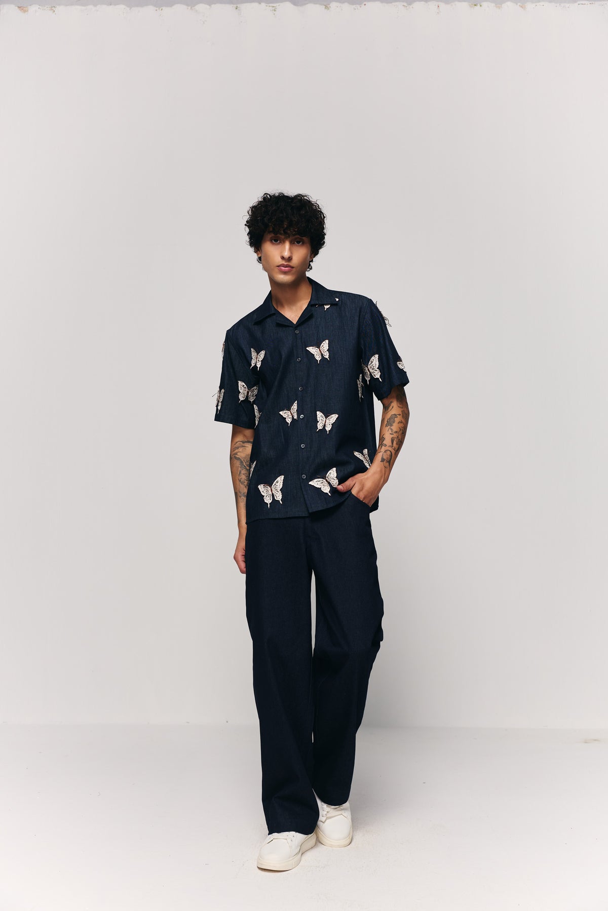 "Butterflies" hand embroidered denim shirt