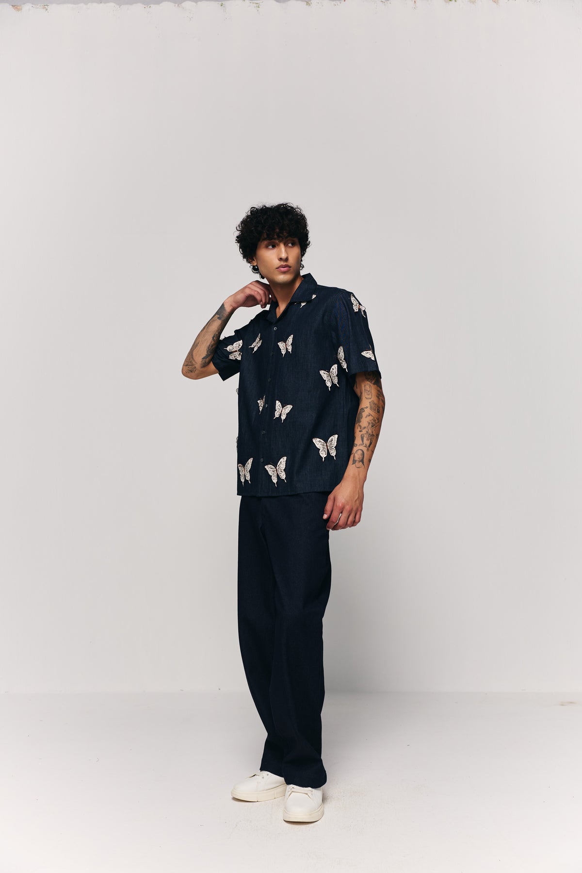 "Butterflies" hand embroidered denim shirt