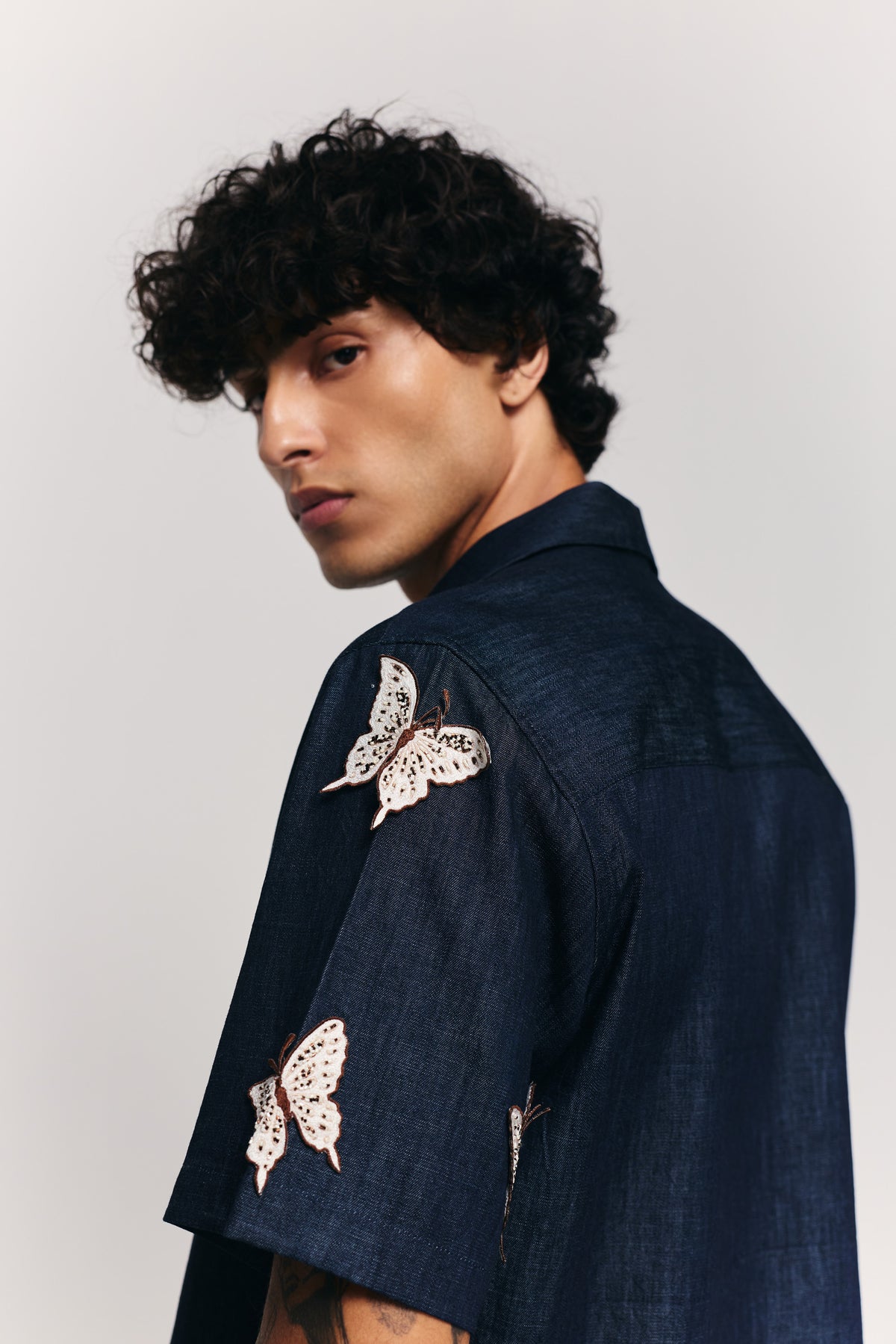 "Butterflies" hand embroidered denim shirt