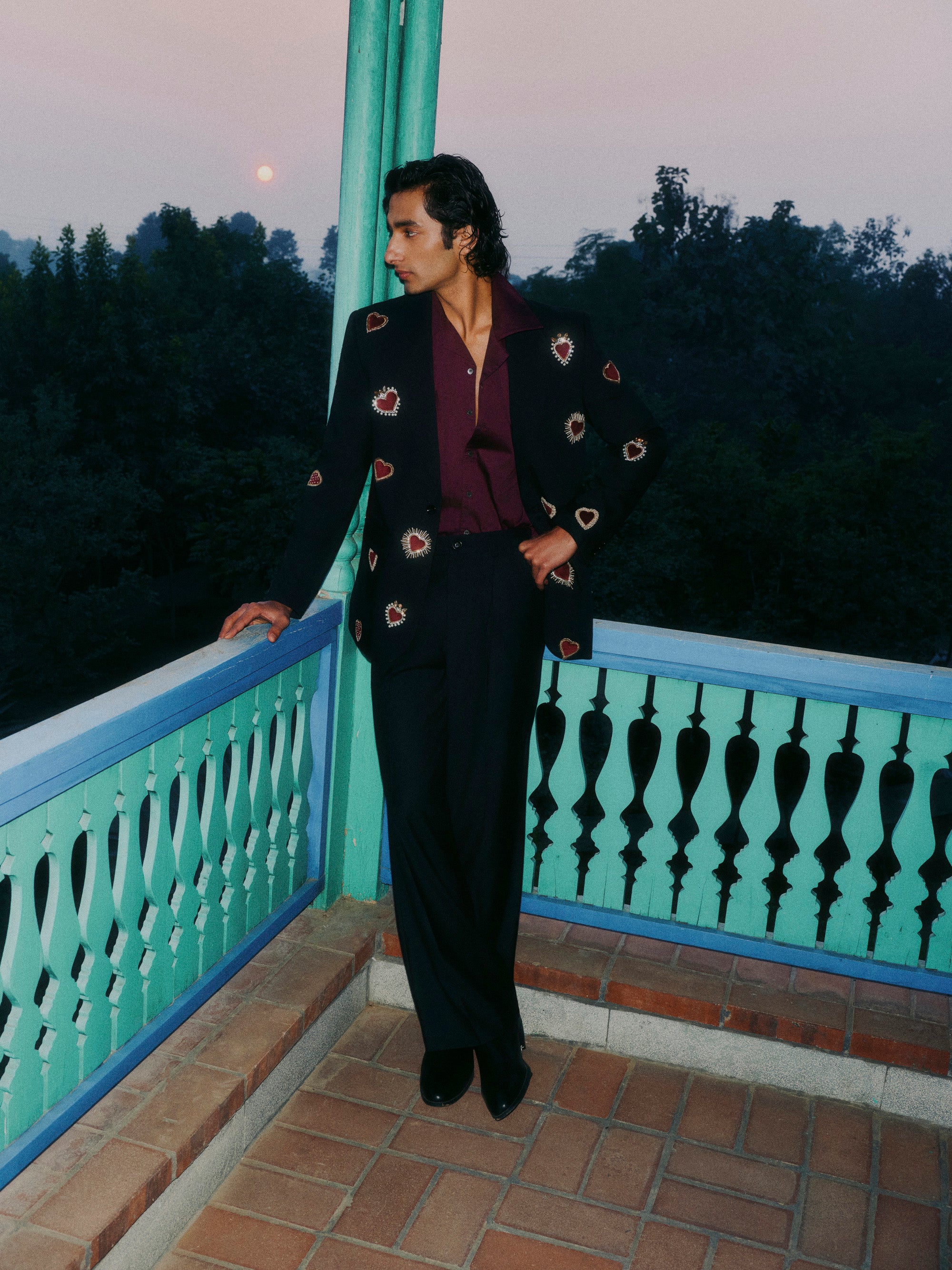 “Velvet hearts” hand embroidered blazer