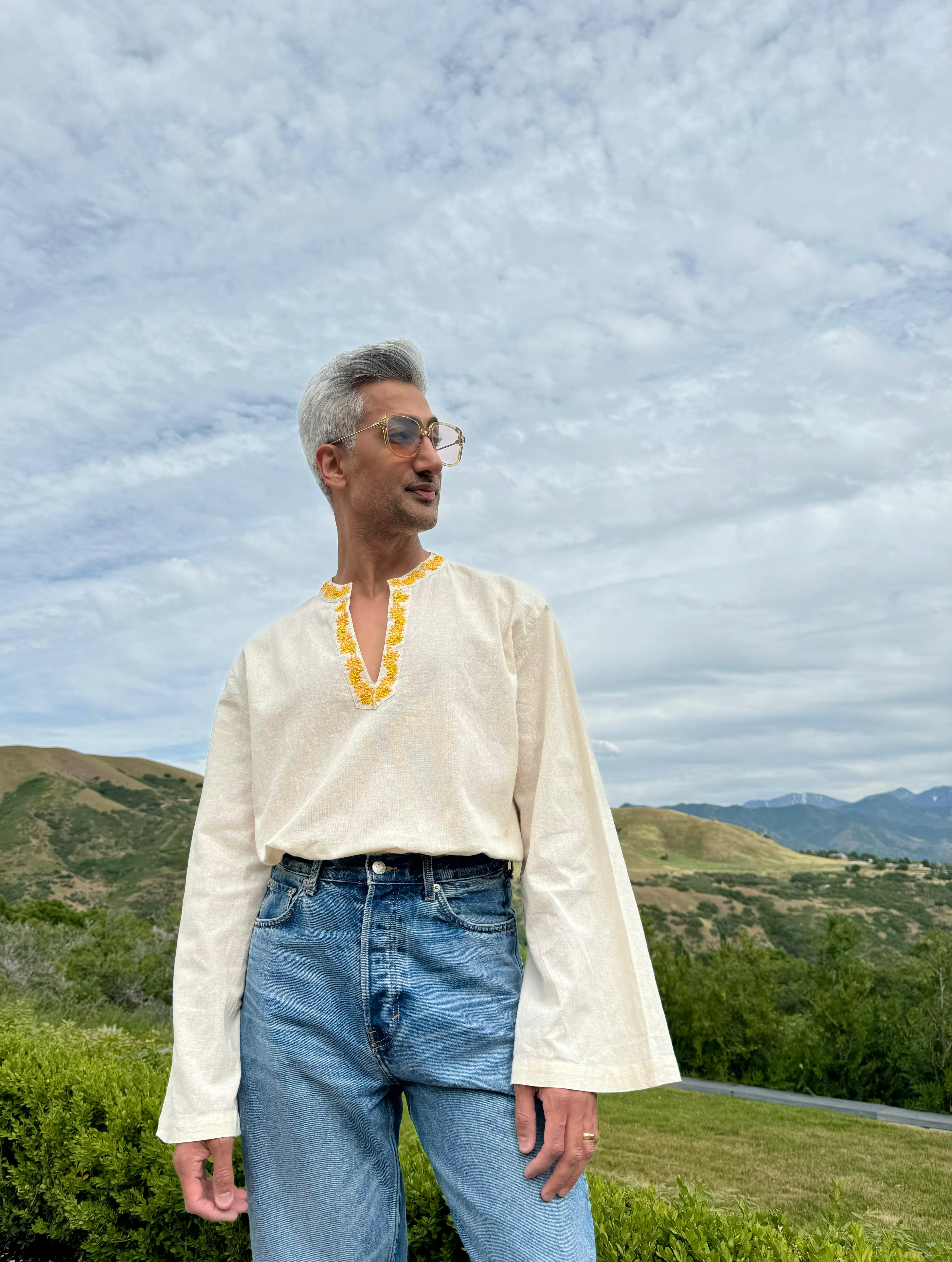 Yellow floral hand embroidered resort shirt