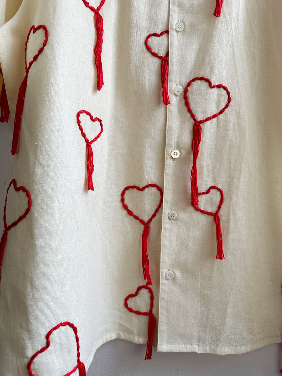 Women Summer Artsy Heart Embroidery 100%Cotton Shirt