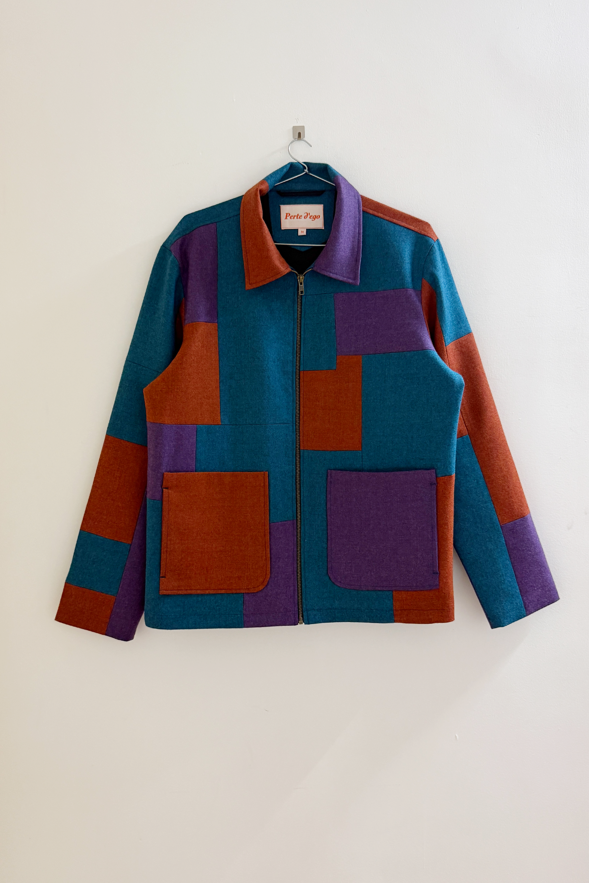 Patchwork merino wool zip up jacket