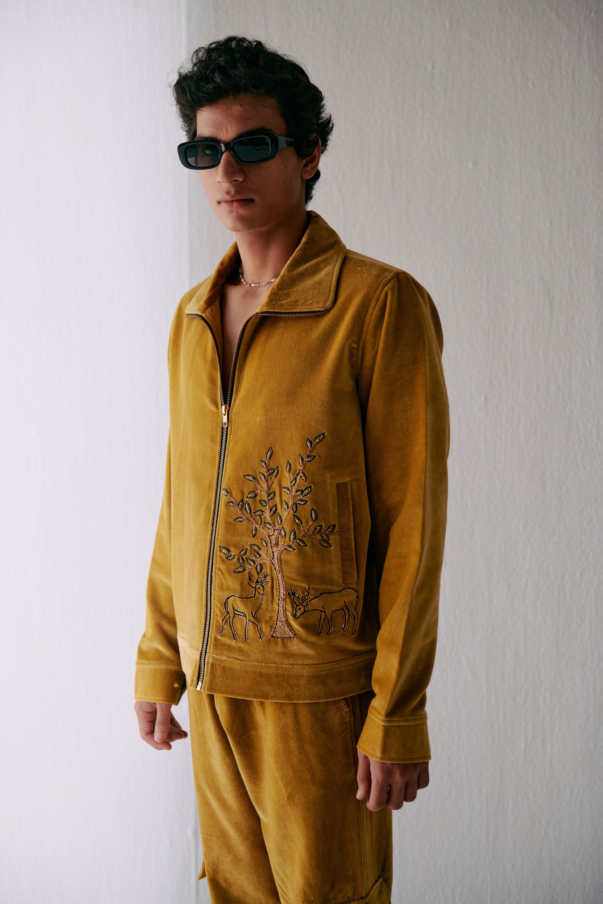 Hand embroidered deers zip up jacket