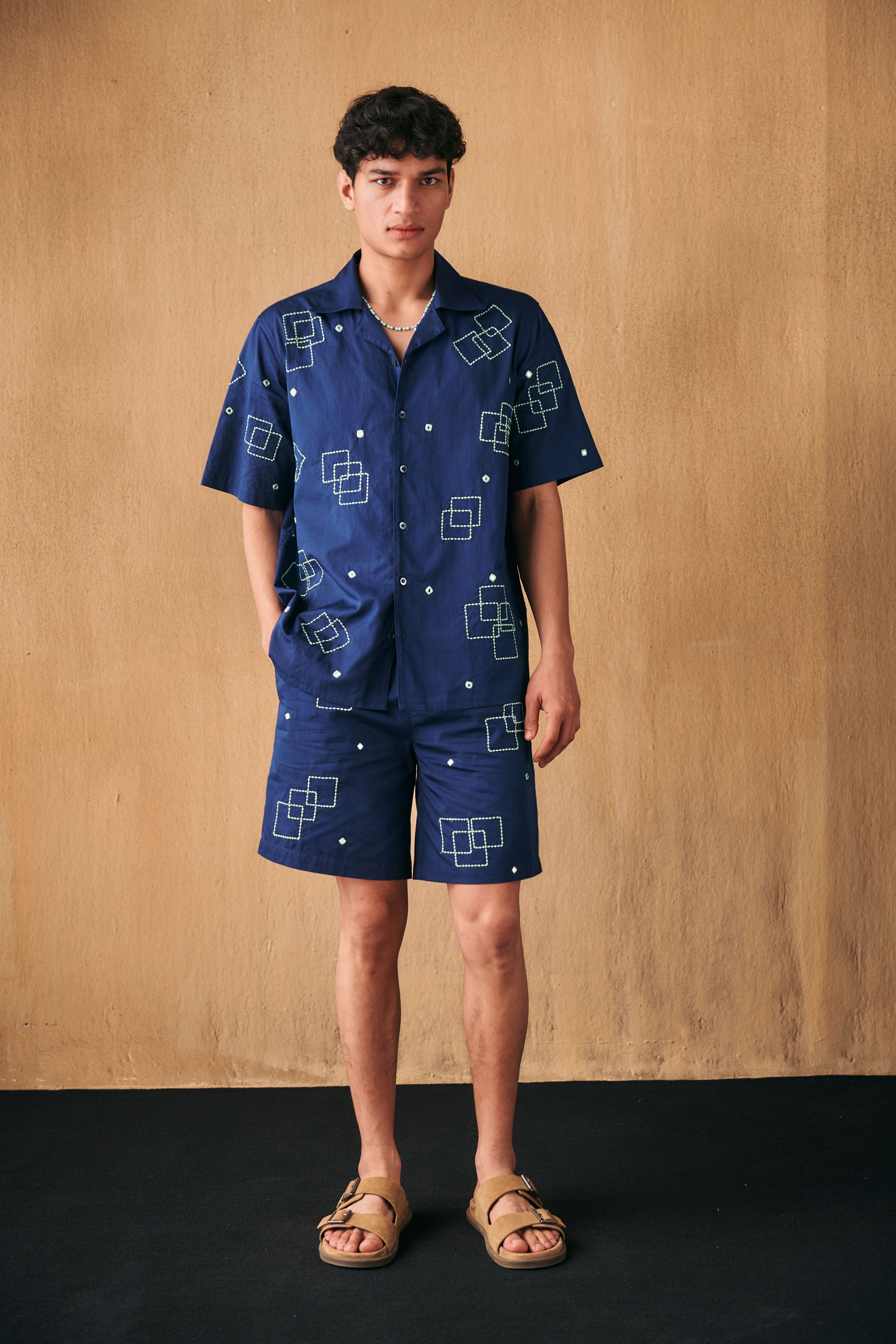 Geometrical mirror work hand embroidered shirt