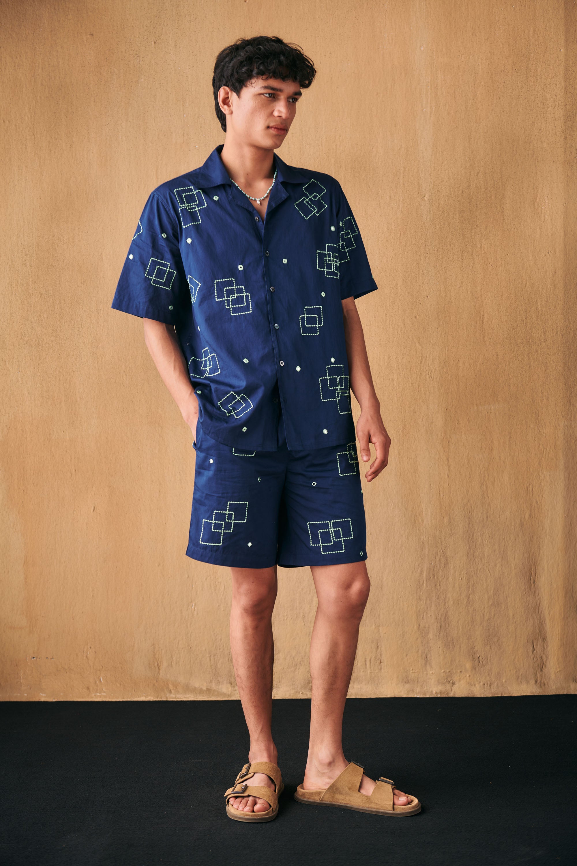 Geometrical mirror work hand embroidered shirt