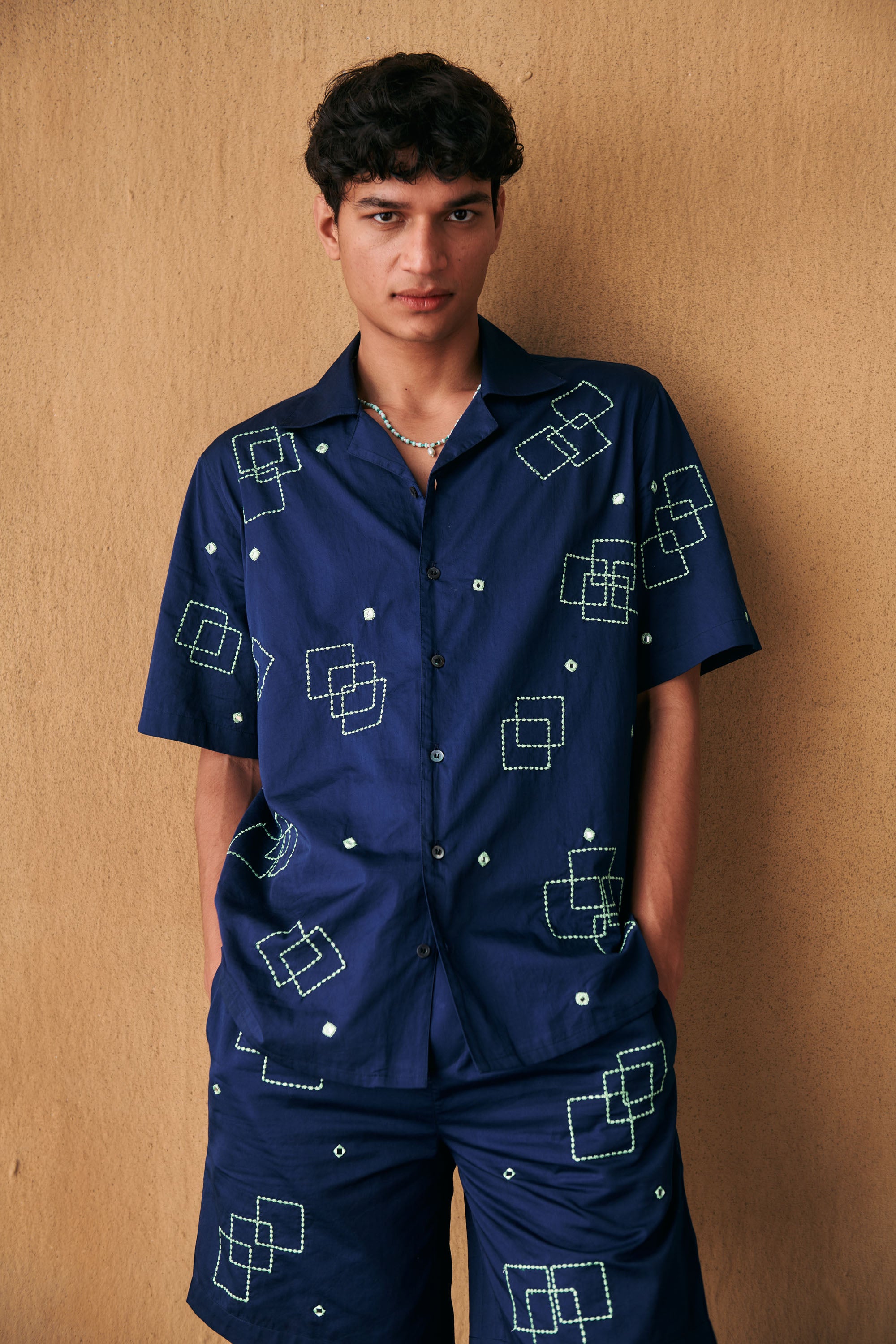 Geometrical mirror work hand embroidered shirt