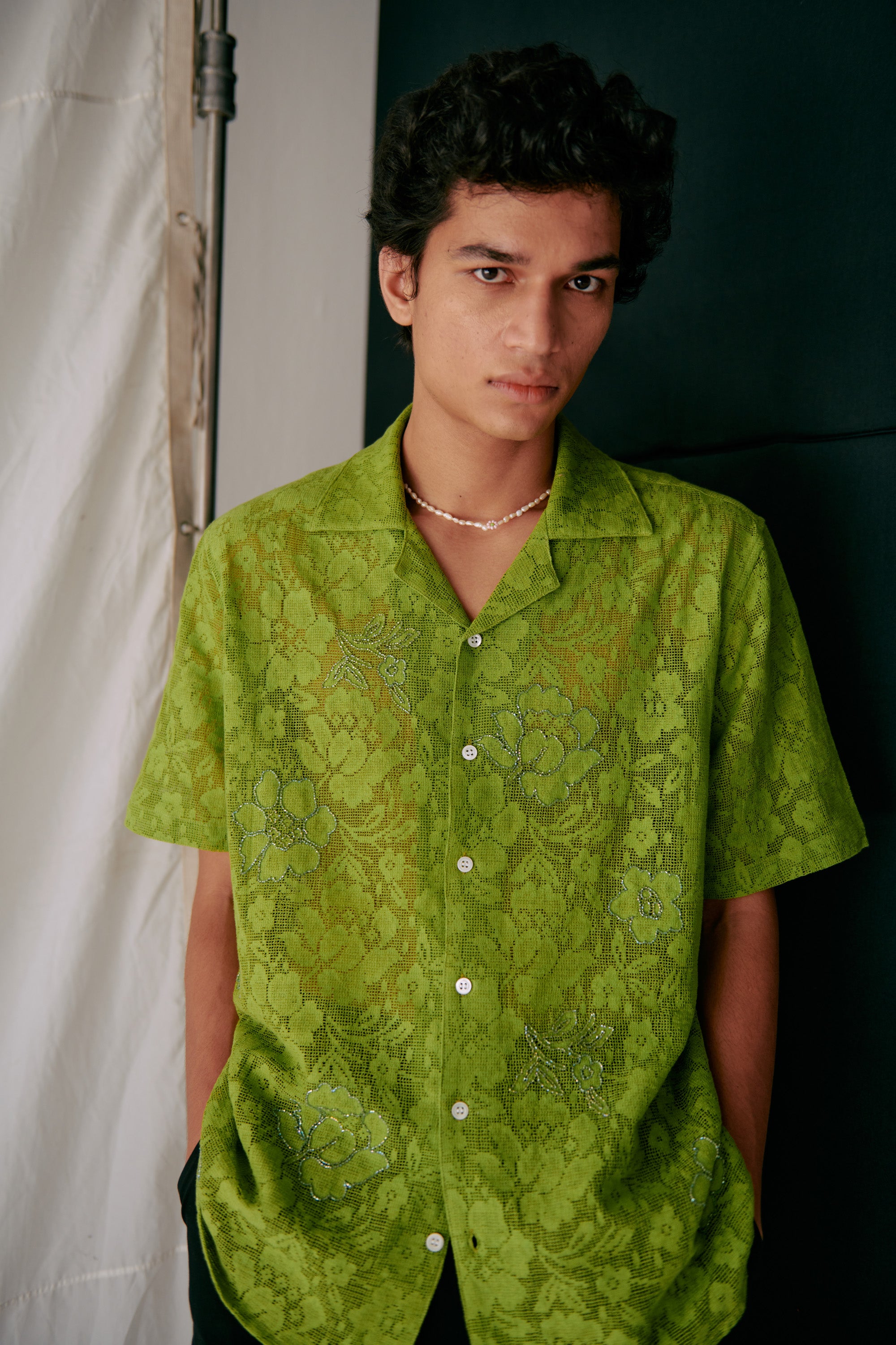 Floral embroidered lace shirt- Mint green